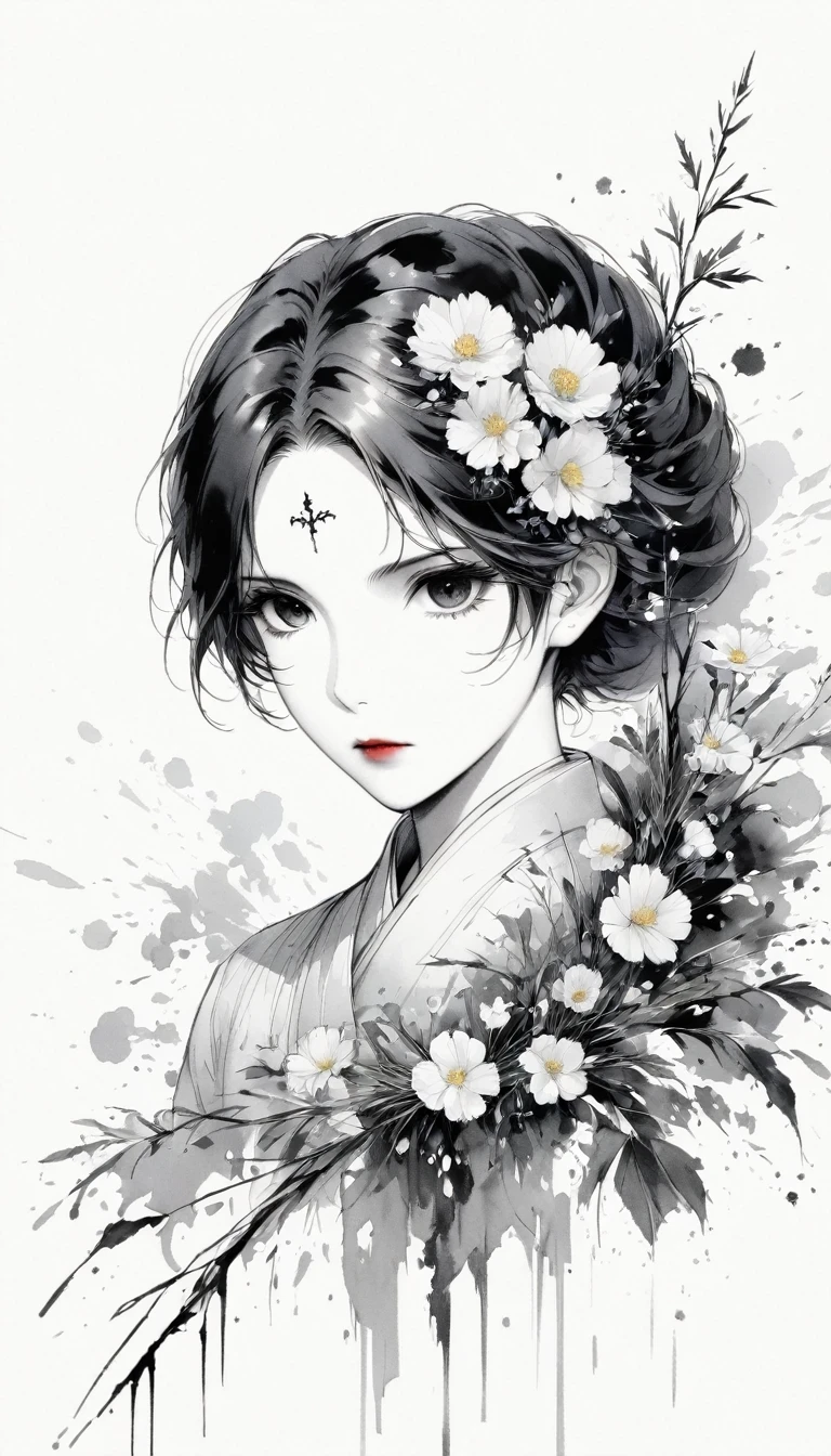 (Anime line drawing:1.5),(Black and White:1.45),Minimalism,(Line Art:1.6),sketch,charcoal drawing,Black Reaper,flower,Ominous Red,Blood splatter