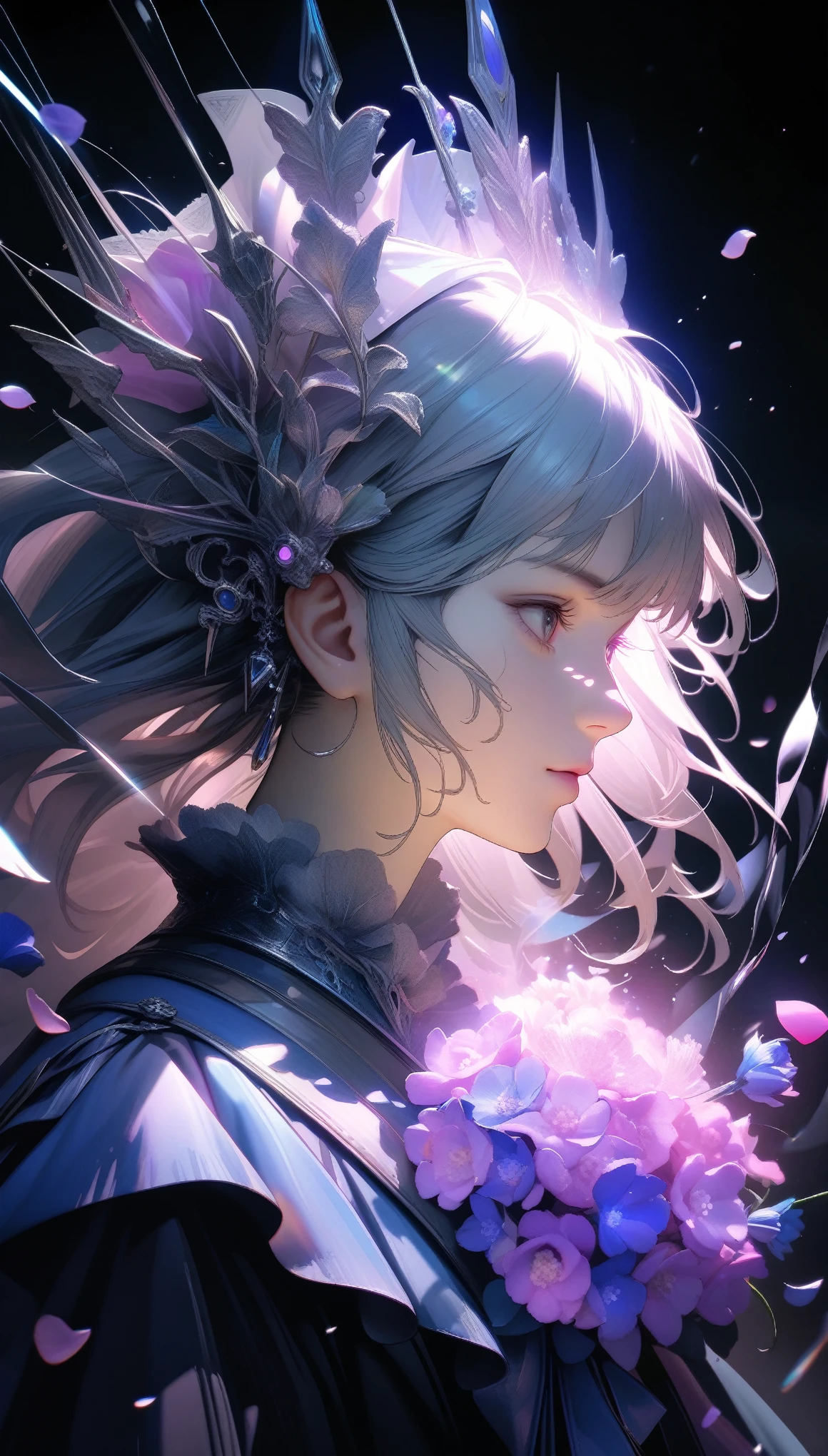 Delicate bouquet of hyacinths, Ultra-transparent, holy Light, beautiful spectral Light, Petals Shine, Blink, Dark Background, transparent Light drops, reflective Light, bright, Light flowing in, Optics, Portrait Profile, Sharp focus, Magic, Complex, Ultra-realistic, Fantasy, composition, Light, Art Station Trends, Pearl, Silvery Steam Guardian Cloud, Corrosive envelope group, 8k, ureal air 23v4 upLight,