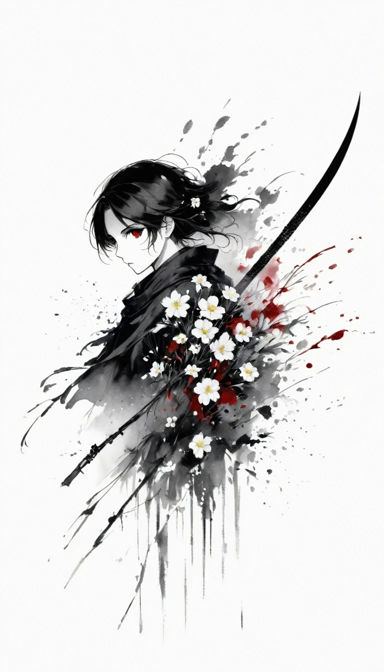 (Anime line drawing:1.5)，(Black and White:1.45)，Minimalism，(Line Art:1.6)，sketch，charcoal drawing，Black Reaper，flower，Ominous Red，Blood splatter