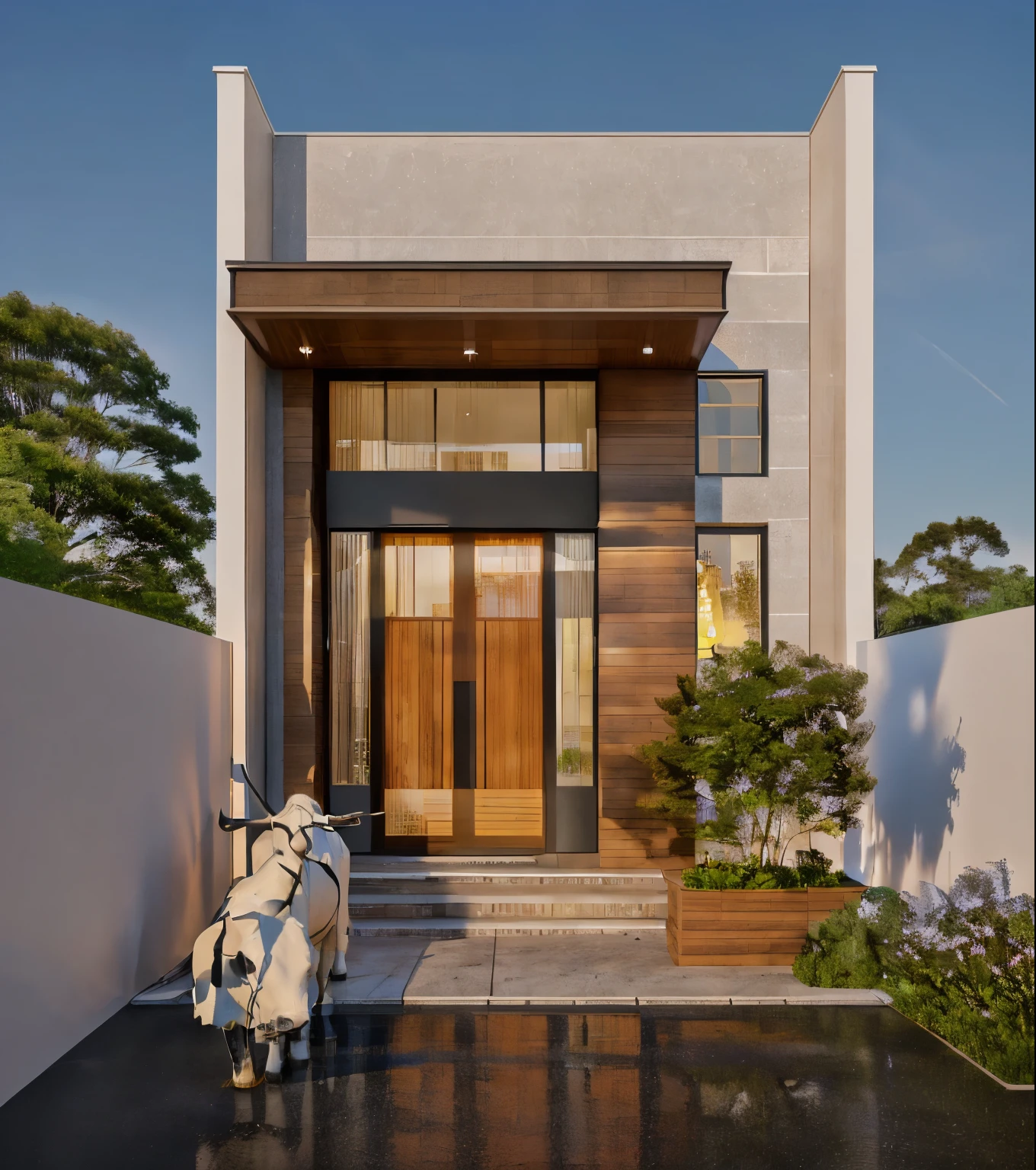 arafed view of a house with a cow statue in front of it, tall entry, exterior design, residential design, entrance, frontview, wide angle exterior 2022, concept house, detailed rendering, neotraditional modern, flat 2 d design, concept image, complete house, neotraditional modern minimalist, architectural concept, inter dimensional villa, residential