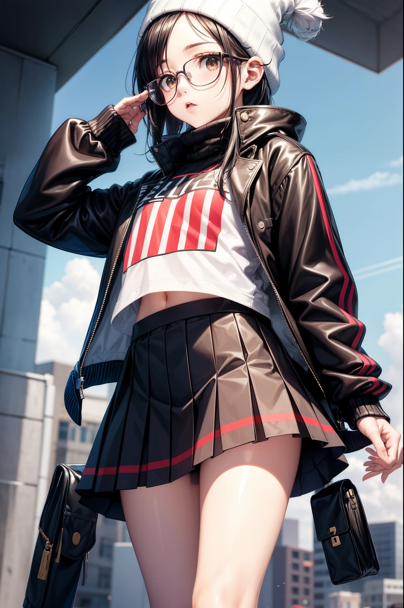 score_9, score_8_up, score_7_up, score_6_up, w4ld0, Beanie, stripe, Glasses, stripe サイハイソックス, skirt, stripe シャツ, solo, 1girl g4n1m3,