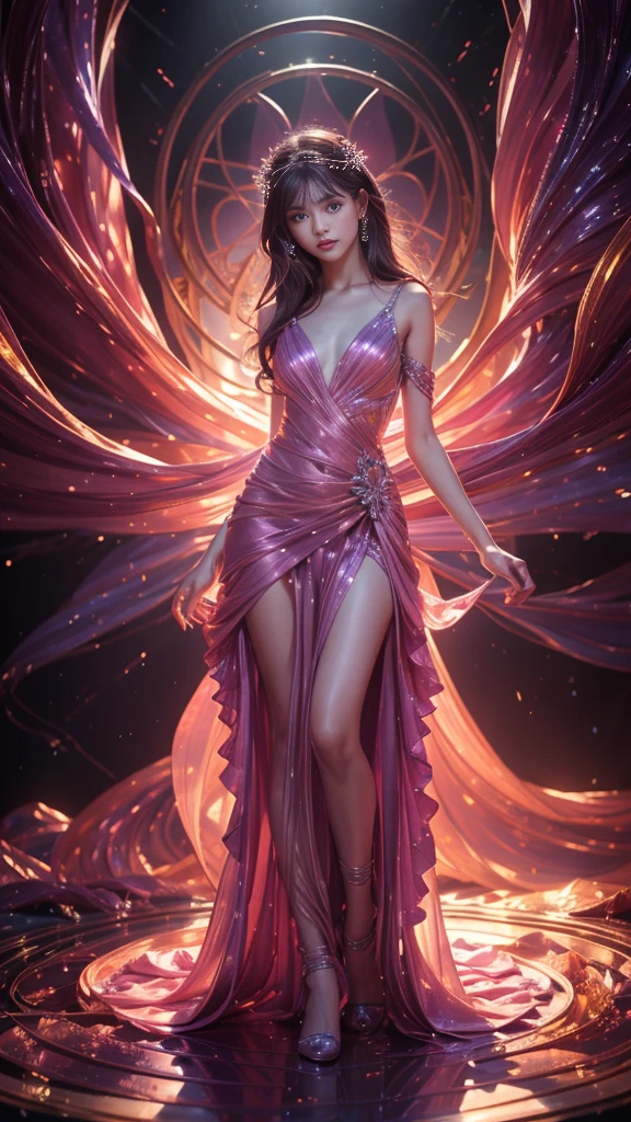 Full figure, seven -clinging shooting, 10 years teenage young,wearing transparent science fiction dress, exquisite faces, details, hands, ultimate details, amazing magnificence, LED internal lighting, Pedaipan style, fiber hair, glowing  floral magenta  iris, glowing floral magenta iris,standing ,hands on chest audience viewer