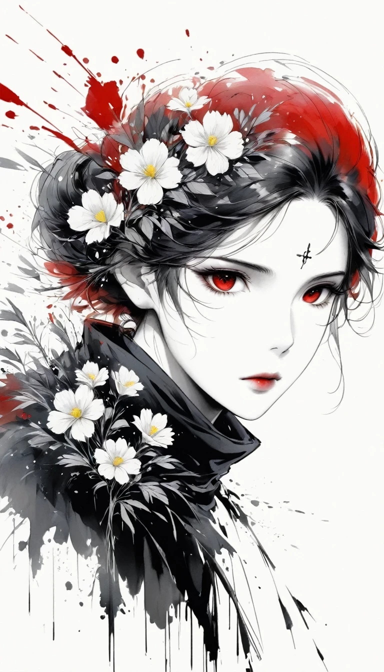 (Anime line drawing:1.5)，(Black and White:1.45)，Minimalism，(Line Art:1.6)，sketch，charcoal drawing，Black Reaper，flower，Ominous Red，Blood splatter