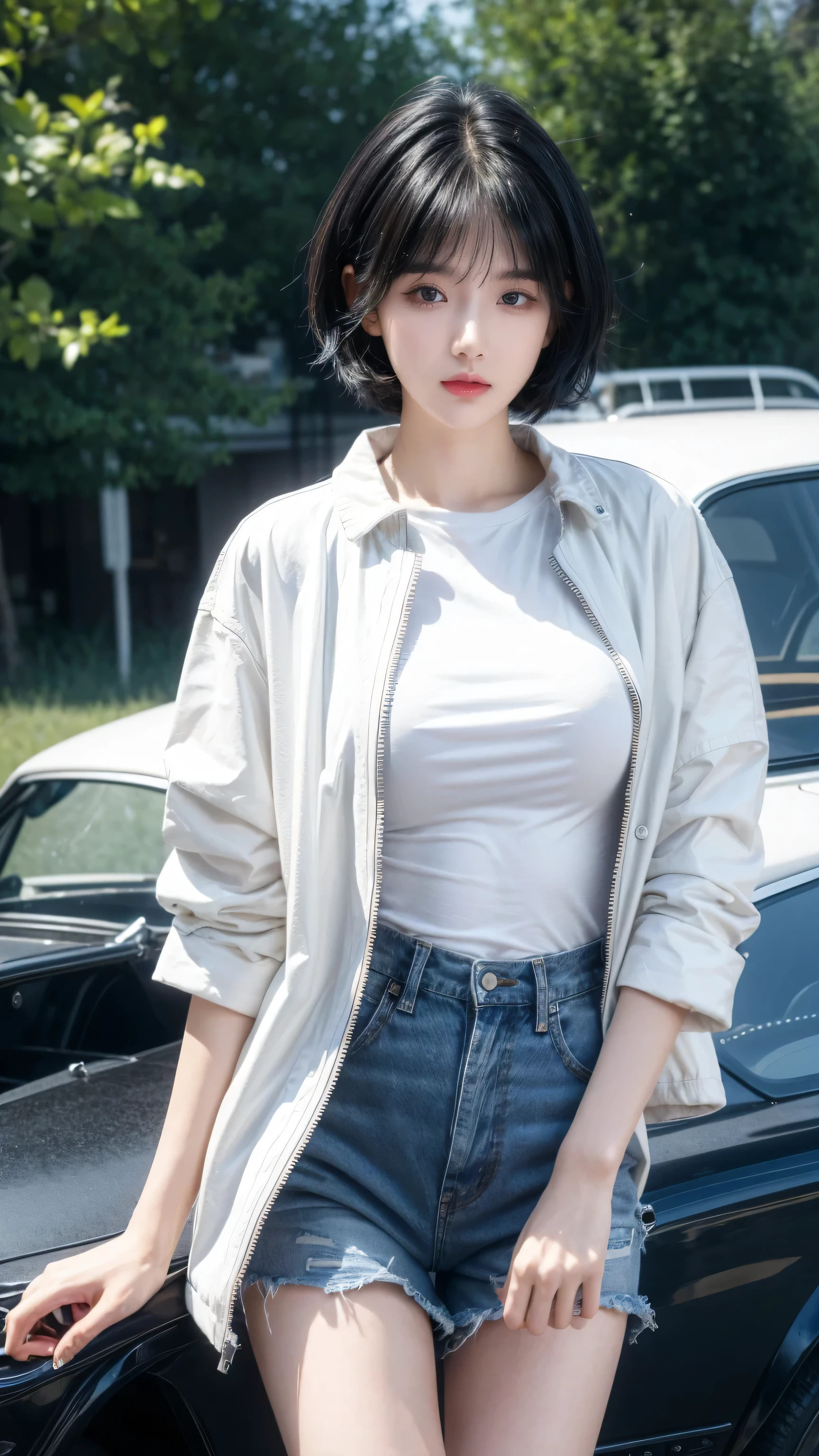 best quality, 1 Girl, dark blue hair, black eyes, Very short hair, Spiky hair, t-shirt, white jacket , High waist short black, 171 cm, Messy hair, Hair between the eyes, Medium breasts, full, Tomboy, aldult, 20 years old, 1 Girl near classic car