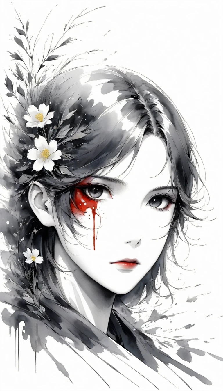 (Anime line drawing:1.5),(Black and White:1.45),Minimalism,(Line Art:1.6),sketch,charcoal drawing,Black Reaper,flower,Ominous Red,Blood splatter