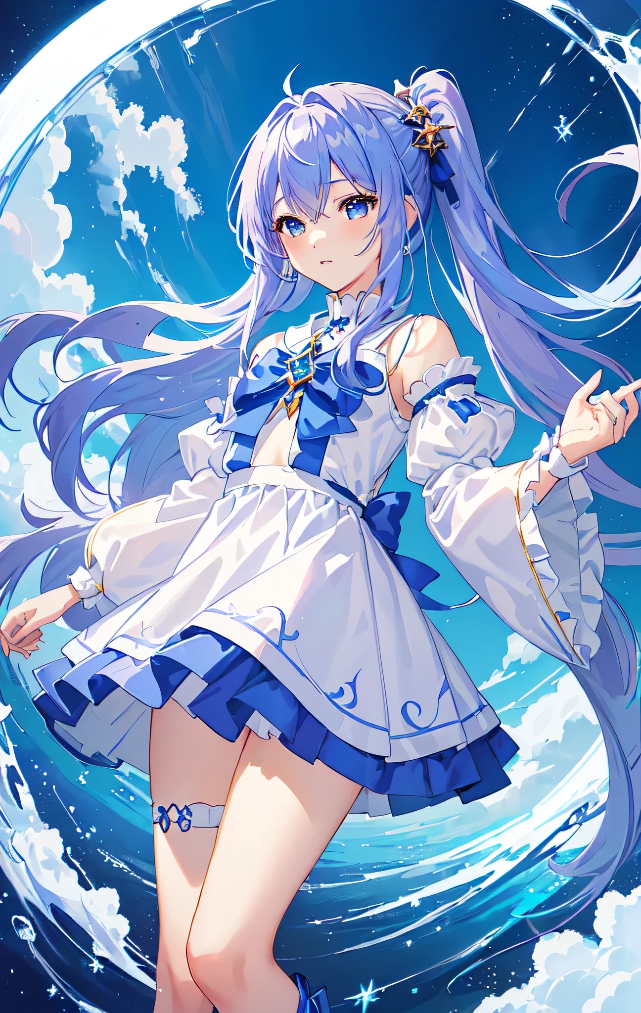 Close-up of a baby boy in a white crop top dress with a blue background、Anime Best Boy、Official artwork、He has long cyan-purple hair、Boy with long purple hair、Blue Eyed Boy、Side Ponytail、Long legs、solo、Blue mini skirt、Black knee socks、Blue Boots、short puff sleeves、naval、midriff、Blue wrist cuffs、Cool Magic Boy、Official character art、Splash art anime、style of Magic Boy、Full body close-up、Official Fan Art、Anime Moe Art Style、Happy!!!、!!Full body portrait!!、Official character illustration、sparkling Magic Boy、Heavenly Aura、Sapphire Prince、Hymn to the King as a Prince、Magic Boy、Cowboy Shot、portrait of Magic Boy、a boy is a standing、looking at viewer、Blue&#39;s iconic character、(male body:1.3)、