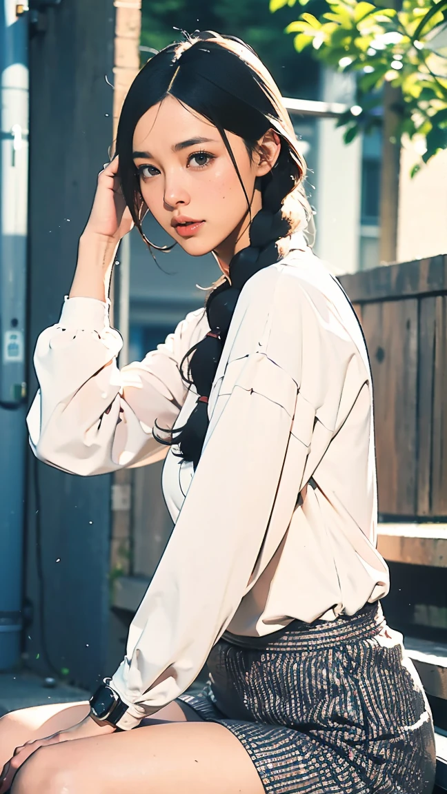film grain , film overlay , profetional lighting,Professional effectasutepiece: 1.3), (max resolution: 1.2), (Ultra HDTV: 1.2),octanerender, Fujifilm X100, Intense cinematic shots, Shallow depth of field, Volumetric lighting, kintsugi,(8K、Raw photography、masterpiece:1.4)、(realisitic、Photorealsitic:1.37)、Shot with CineStill 800T、(Extreme top quality:1.3)、((depth of fields:))、absurderes、(super high resolution、extremery detailed CG、hight resolution、realisitic、ultra-detailliert、a picture、A hyper-realistic、ultra-detailliert、Cinematic atmosphere、8K UHD、insanely detaileda、trending on artstationh、awardwinning photo、extremely detailed photo、hight resolution:1.5), Beautiful details sparkle ,Perfect Proportions, Limited to one woman, BREAK accurate, Anatomically correct, Highly detailed face and skin texture, drawn in detail, Highly detailed facial and skin texture, Detailed eyes, beautiful hair, Beautiful Japanese Idol face, Beautiful and beautiful eyes, Beautiful body, Beautiful breasts, Beautiful thighs, Beautiful legs, Beautiful fingers, (Beautiful views) , skinny body, eight-headed body, ((Beautiful Skin)), ((Skin Texture)) BREAK breast enlarged, large Breasts, perky tits, (blush, : Archaic smile:1.3, pink cheek, Double eyelids, Thin eyebrows, Glitter Eyeliner:1 Natural cheeks, Glossy skin, Fair skin:1.2, (Glossy lips:1.4, shiny lips: 1.4 ), high school student, Attractive adult woman , anime gyaru) , twin braid, Long Hair, Striped Hair, Hair Intake, Inner hair color, BREAK casual fashion, nail art, necklace, Bridal Ring, wearing a watch BREAK (((sitting on steps , Running hand through hair, from front, from below, upper body Shot, long shot, looking at viewer , ((rural riverside))