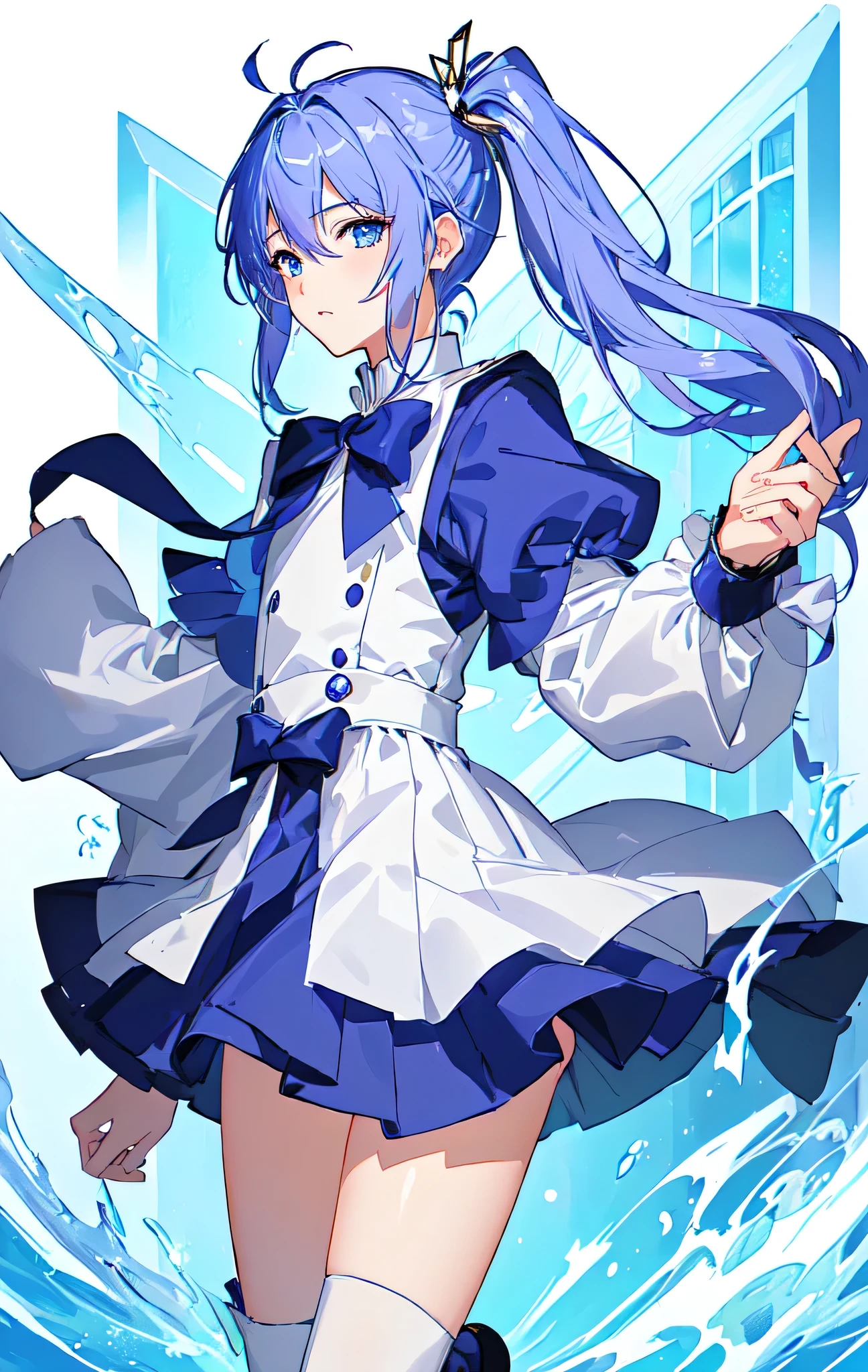 Close-up of a baby boy in a white crop top dress with a blue background、Anime Best Boy、Official artwork、He has long cyan-purple hair、Boy with long purple hair、Blue Eyed Boy、Side Ponytail、Long legs、solo、Blue mini skirt、Black knee socks、Blue Boots、short puff sleeves、Blue wrist cuffs、Cool Magic Boy、Official character art、Splash art anime、style of Magic Boy、Full body close-up、Official Fan Art、Anime Moe Art Style、Happy!!!、!!Full body portrait!!、Official character illustration、sparkling Magic Boy、Heavenly Aura、Sapphire Prince、Hymn to the King as a Prince、Magic Boy、Cowboy Shot、portrait of Magic Boy、a boy is a standing、looking at viewer、Blue&#39;s iconic character、(male body:1.3)、