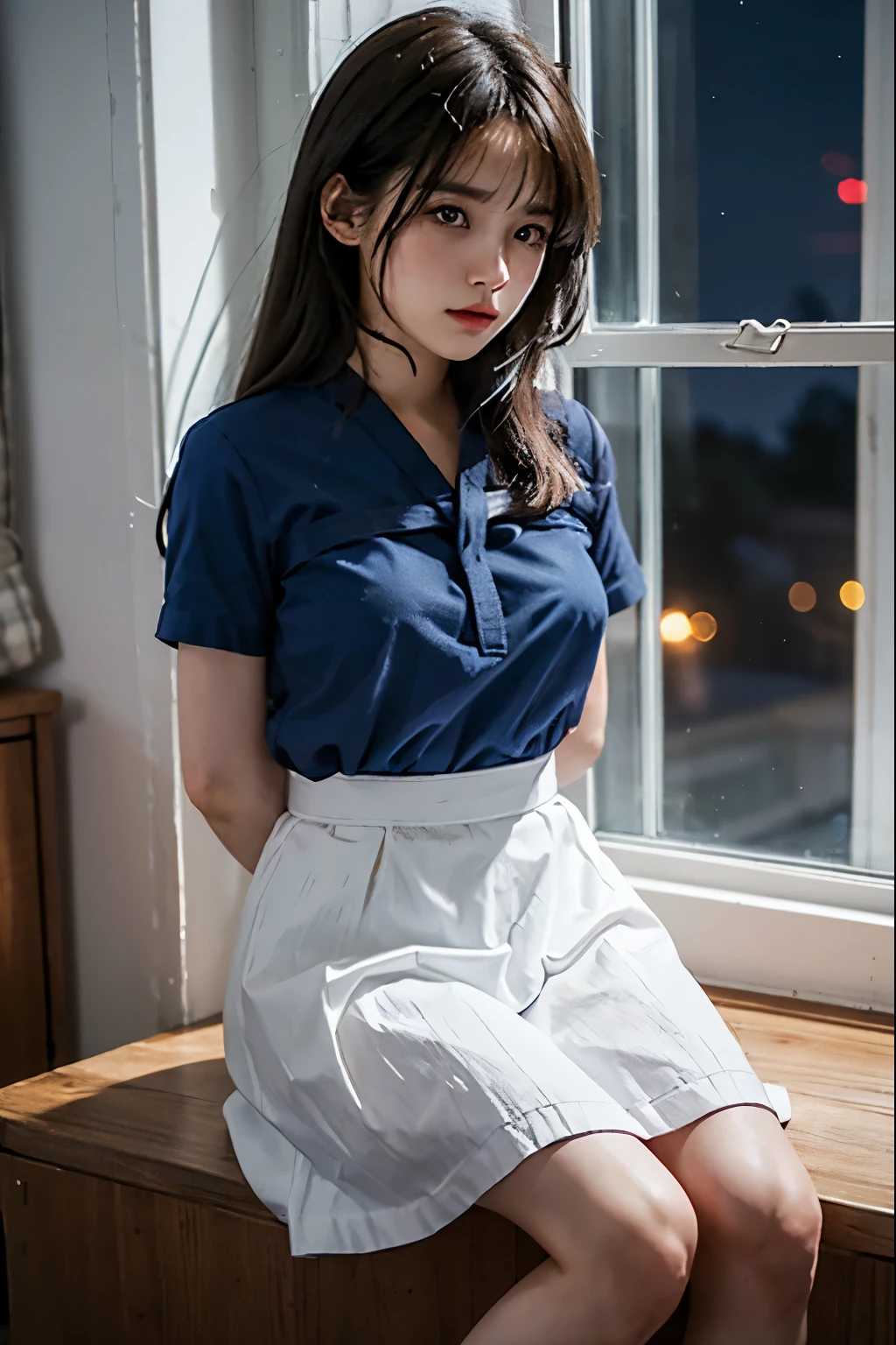 A cute girl is confined and tied up、In a room with the lights on at night、White under the blue skirt、Red short sleeve shirt、Sit with your feet together and forward、Beauty、30 years old、Medium build、Outside the window is night、