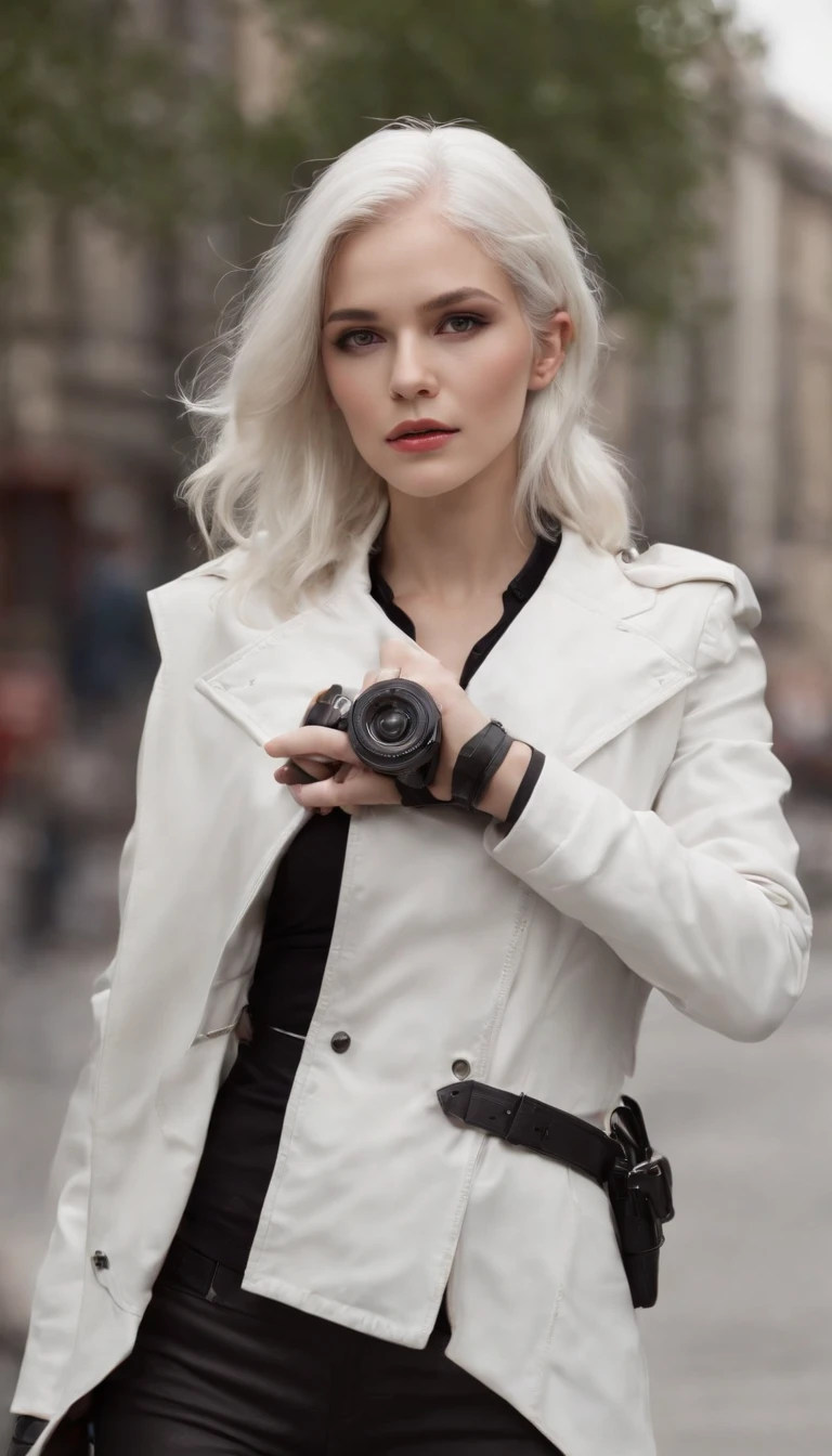 1 girl, close up shot, (white hair, medium hair, red eyes), Perfect anatomy, city, Cyberpunk Style, ((white shirt, black jacket, black pants, futuristic overcoat, belt, black gloves, wristwatch, earrings, see through black leggings)), ((holding gun)), war, city ruins, buildings, To capture this extraordinary scene, a high-resolution camera is required, such as the Phase One XF IQ4 150MP. capture light in harsh conditions. Diffuse natural lighting, minimizing harsh shadows. Camera settings include medium aperture, adjusted shutter speed, and a high-quality wide-angle lens with a focal length of approximately 35mm to capture the entire scene. in an immersive way. Sharp, precise details are captured, from wavy hair to complex clothing patterns, ensuring a natural and stunning image. Avoid hard or overly defined shadows that detract from the smoothness of the scene. - Do not include elements that suggest movement or agitation. - Avoid cluttered or out-of-place objects in the composition. - Do not include people in the scene. - Avoid objects that do not fit aesthetically into the peaceful and familiar environment.
Lighting is strategically placed to highlight the subject's facial features and create soft shadows that add depth to the image. Diffuse light sources are used to minimize unwanted reflections and smooth transitions between light and shadow.
Lighting is meticulously planned to highlight each element of the scene, creating dramatic contrasts and highlighting subtle details. Natural and artificial light sources are combined to create a captivating and exciting atmosphere. "