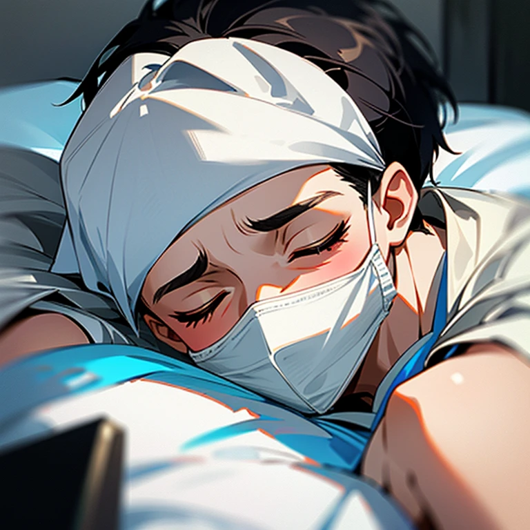 Handsome１０A boy about 18 years old has an infectious disease and looks in pain. He is wearing a white mask. He has a high fever. He is sleeping. He is coughing. He is exhausted. He is taking his temperature with a thermometer. He is dying. He has a cooling gel sheet on his forehead.