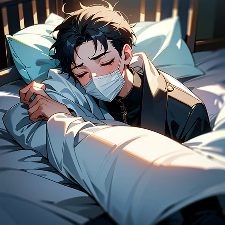 Handsome10A boy about 18 years old has an infectious disease and looks in pain. He is wearing a white mask. He has a high fever. He is sleeping. He is coughing. He is exhausted. He is taking his temperature with a thermometer. He is dying. He has a cooling gel sheet on his forehead.