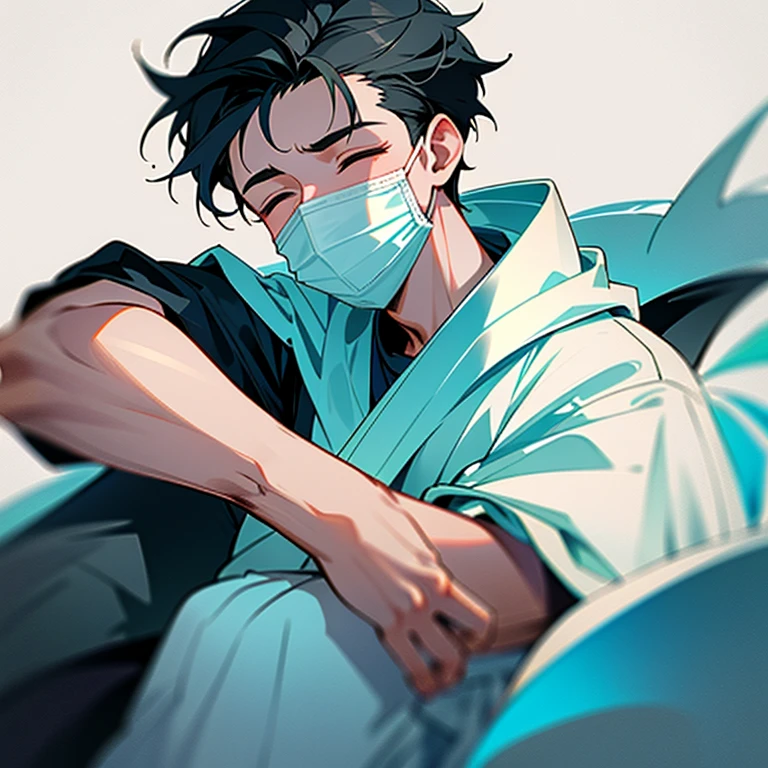 Handsome１０A boy about 18 years old has an infectious disease and looks in pain. He is wearing a white mask. He has a high fever. He is sleeping. He is coughing. He is exhausted. He is taking his temperature with a thermometer. He is dying. He has a cooling gel sheet on his forehead.