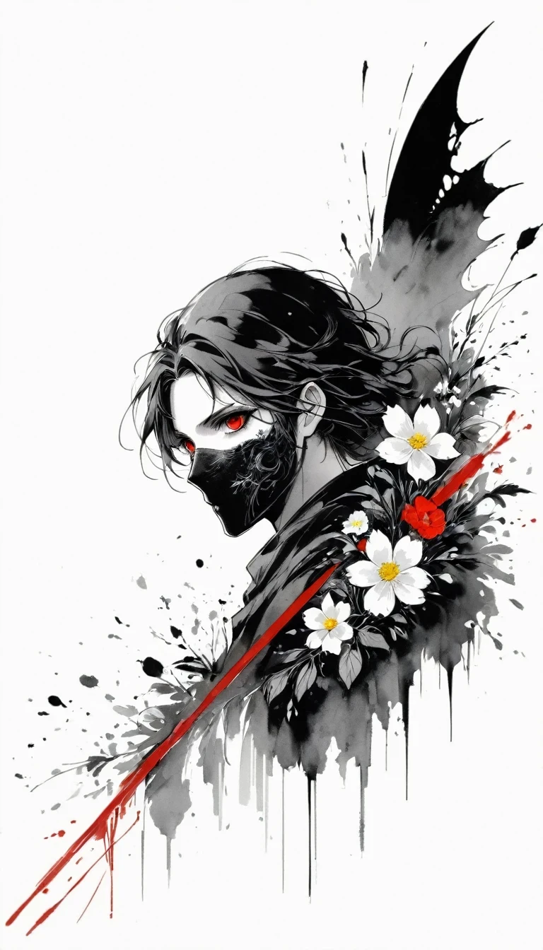 (Anime line drawing:1.5)，(Black and White:1.45)，Minimalism，(Line Art:1.6)，sketch，charcoal drawing，Black Reaper，flower，Ominous Red，Blood splatter