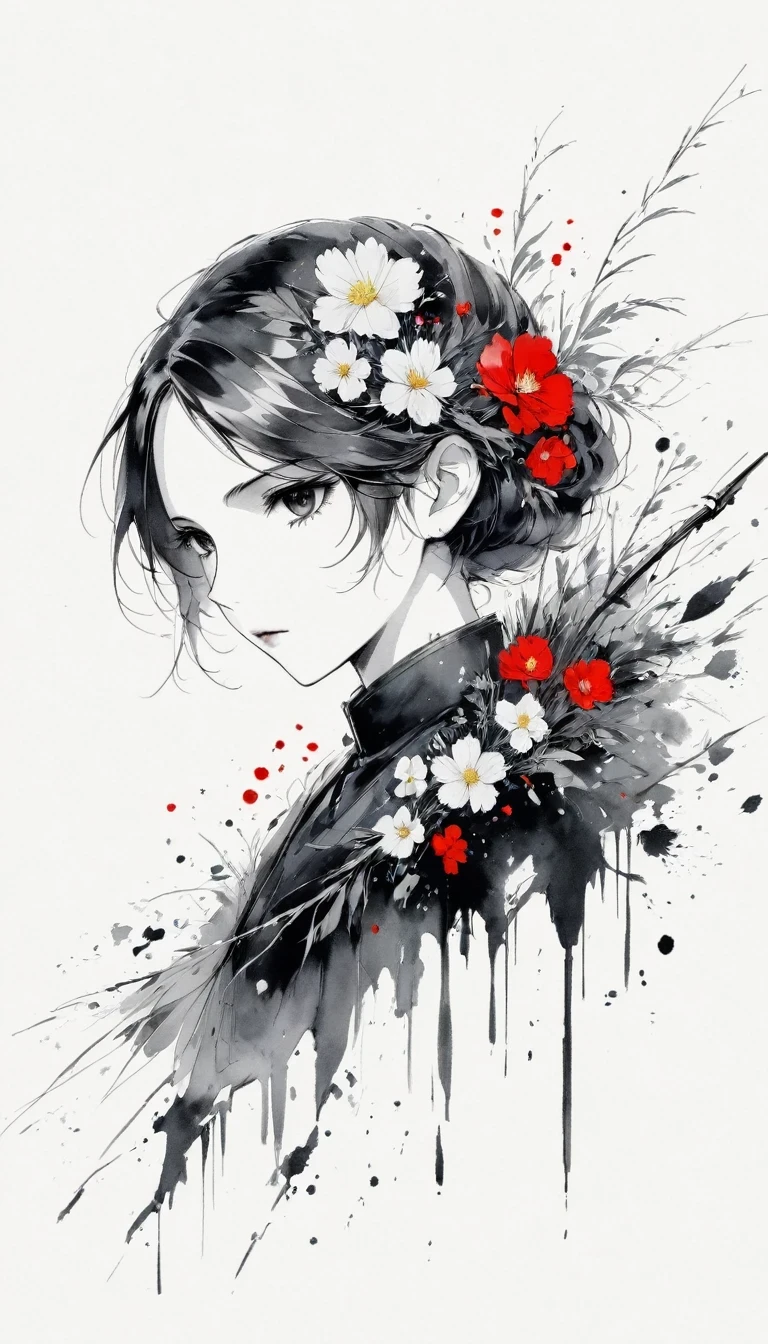 (Anime line drawing:1.5),(Black and White:1.45),Minimalism,(Line Art:1.6),sketch,charcoal drawing,Black Reaper,flower,Ominous Red,Blood splatter