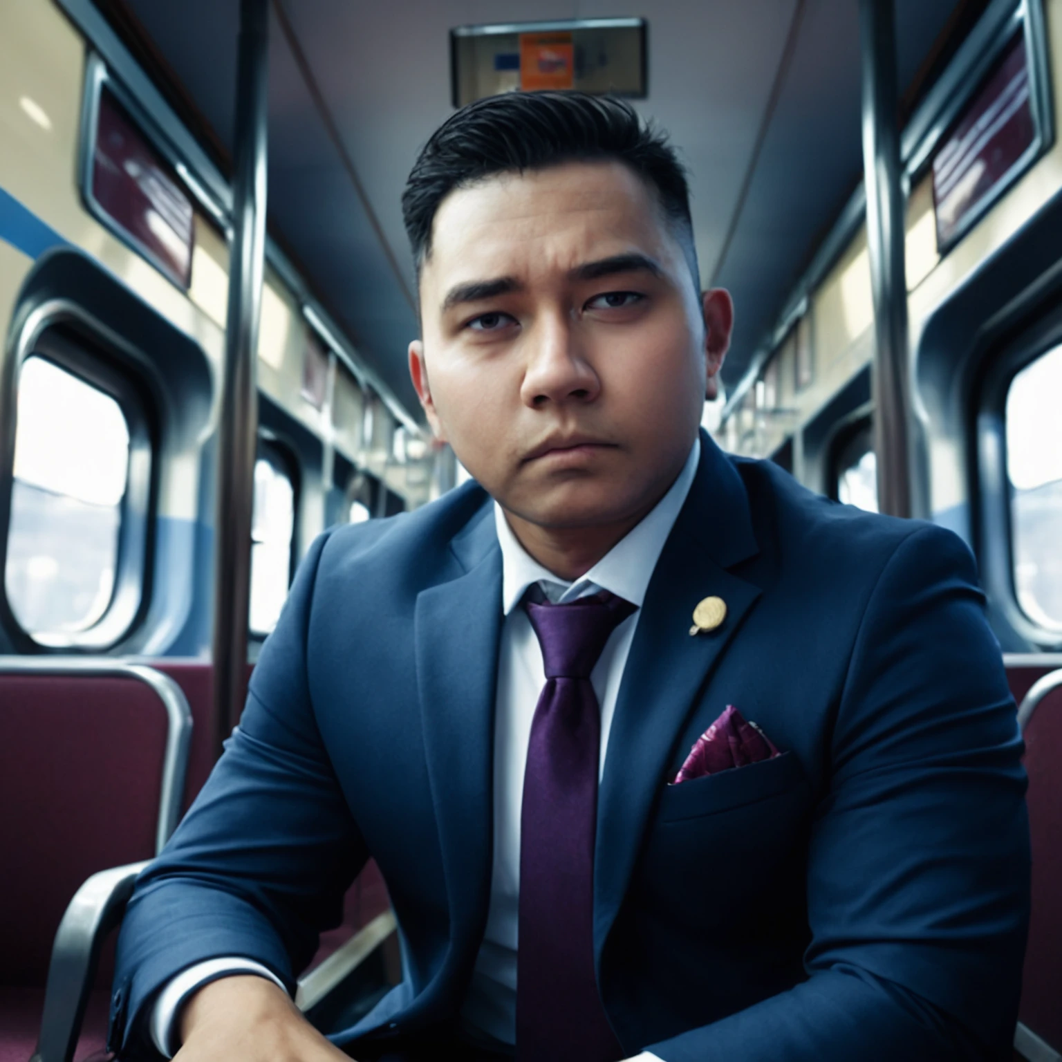 An Indonesian man, 35 years old, wearing formal attire, looks tired and disheveled. He is sitting inside a commuter train, lost in thought, contemplating something. 4K Photo, cinematic, heartwarming picture.