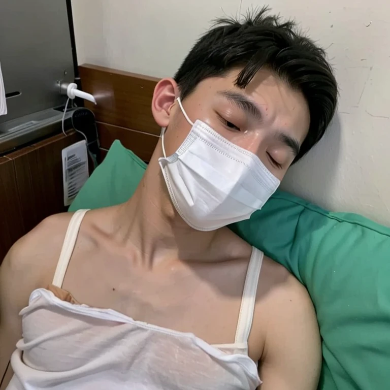 Handsome10A boy about 18 years old has an infectious disease and looks in pain. He is wearing a white mask. He has a high fever. He is sleeping. He is coughing. He is exhausted. He is taking his temperature with a thermometer. He is dying. He has a cooling gel sheet on his forehead.