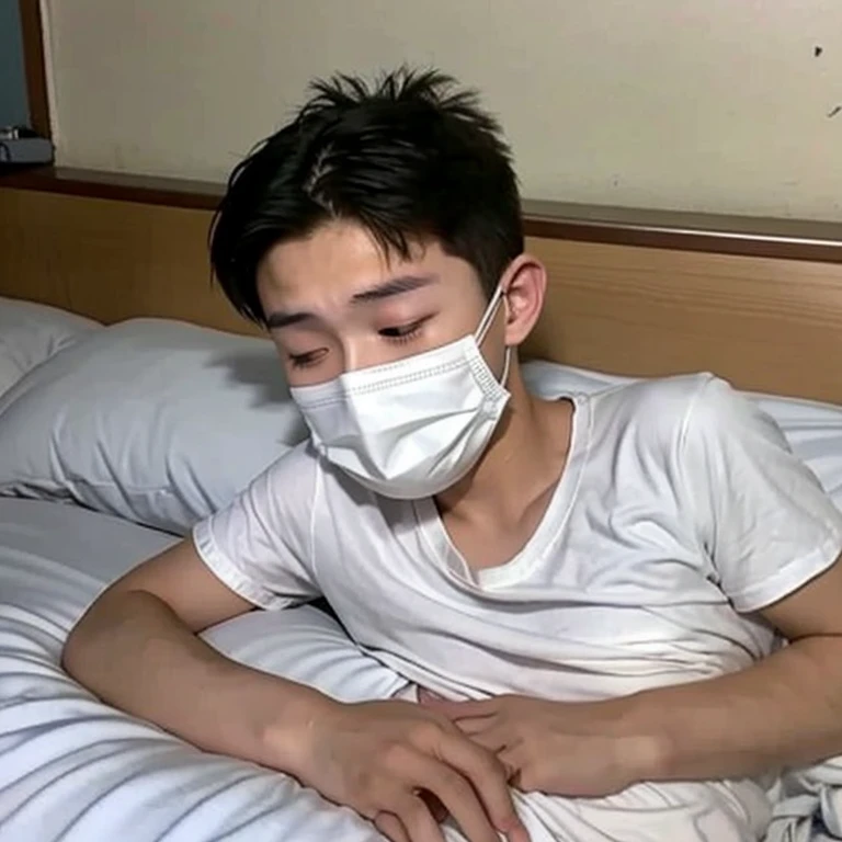 Handsome10A boy about 18 years old has an infectious disease and looks in pain. He is wearing a white mask. He has a high fever. He is sleeping. He is coughing. He is exhausted. He is taking his temperature with a thermometer. He is dying. He has a cooling gel sheet on his forehead.
