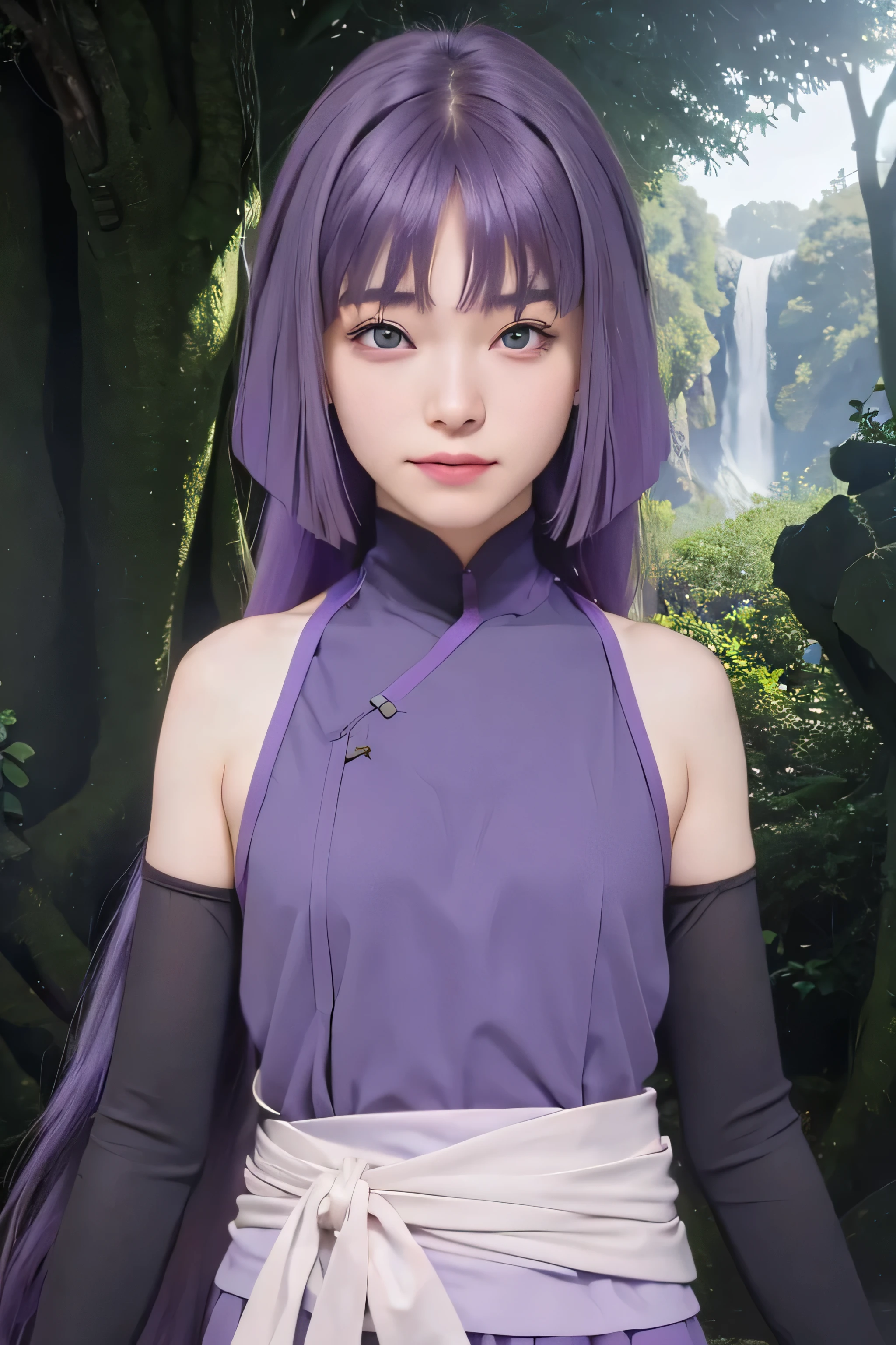 masterpiece, best quality, (realistic,photo-realistic:1.4), (RAW photo:1.2), extremely detailed CG unity 8k wallpaper, delicate and beautiful, amazing,finely detail, official art, absurdres, incredibly absurdres, huge filesize, ultra-detailed,extremely detailed eyes and face,light on face,sumire kakei,(little smile),(purple hair:1.4),(long hair:1.6),(wearing purple clothes:1.4),ruins background