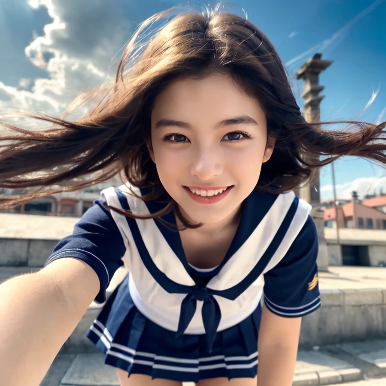 very cute and beautiful girl,Teen,(Very exquisite beautiful face and eyes), (smile:1.25),Black Hair,(Sailor ,Pleated navy blue mini skirt),Dynamic pose,View Viewer, European house with red roof々,(Overview of the town),A narrow river and a stone bridge in the distance,Detailed landscape, (highest quality,masterpiece),Absurd,High resolution,Super detailed,Very detailed,32k,8K resolution, Intricate details,Movie Scenes,Detailed Background,alone,Dynamic Angle, Hair blowing in the wind,Beautifully detailed skies,
