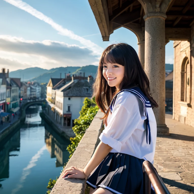 very cute and beautiful girl,Teen,(Very exquisite beautiful face and eyes), (smile:1.25),Black Hair,(Sailor ,Pleated navy blue mini skirt),Dynamic pose,View Viewer, European house with red roof々,(Overview of the town),A narrow river and a stone bridge in the distance,Detailed landscape, (highest quality,masterpiece),Absurd,High resolution,Super detailed,Very detailed,32k,8K resolution, Intricate details,Movie Scenes,Detailed Background,alone,Dynamic Angle, Hair blowing in the wind,Beautifully detailed skies,