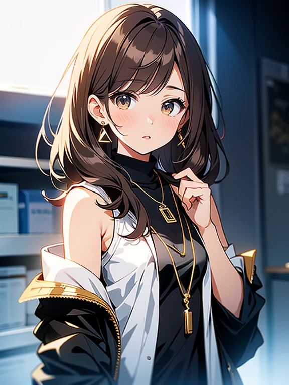 A digital illustration of a woman with shoulder-length brown hair, wearing a black jacket over a white floral blouse. She has a gold necklace with a small pendant and gold earrings. She is turned slightly to the side with her face looking forward. She is gesturing with one hand as if explaining something. The name tag on her jacket reads 'LALA'. The woman has fair skin, thinner lips, gentle eyes, and a larger chest. The style is similar to modern digital art with clean lines and soft shading.
