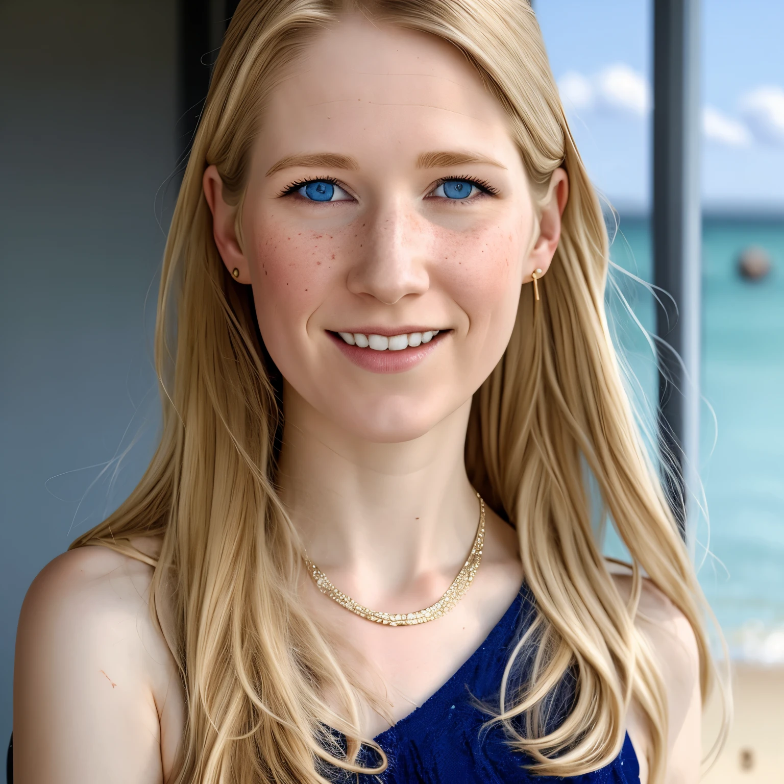 A realistic portrait of a young woman with shoulder-length blonde hair, blue eyes, and a friendly smile. She has natural skin with visible pores, subtle freckles, and slight makeup. The image should show slight skin texture, natural lighting, and high resolution. she wears a summer dress.