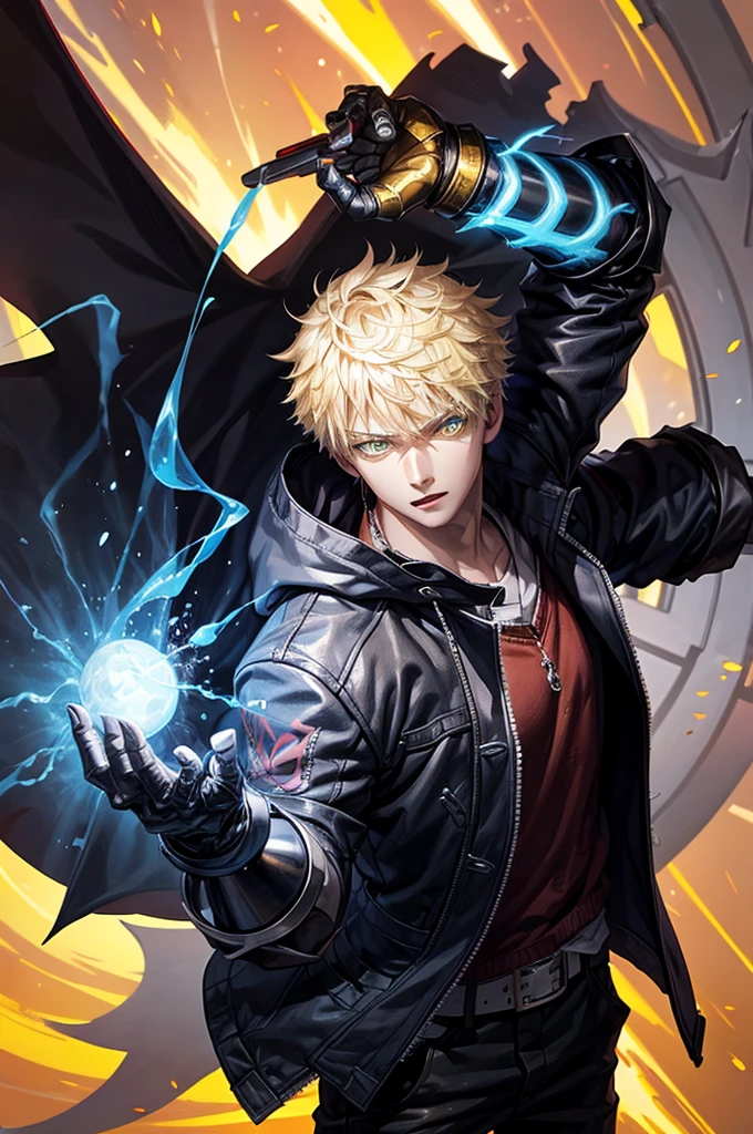 1boy,soft face,confident,young adult, simple clothes,wearing a black jacket, blue energy, ice, blizzard, (yellow color eyes), ((blonde hair)),short messy unkept hair, demon arm, devil trigger style arm, scaled arm, monster arm highest quality digital art, Stunning art, wallpaper 4k, highly detailed,BREAK, (anime style), epic, anime style, battlefield scenario, (digital art), masterpiece, 4K