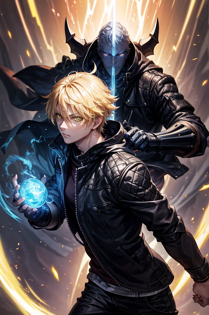 1boy,soft face,confident,young adult, simple clothes,wearing a black jacket, blue energy, ice, blizzard, (yellow color eyes), ((blonde hair)),short messy unkept hair, demon arm, devil trigger style arm, scaled arm, monster arm highest quality digital art, Stunning art, wallpaper 4k, highly detailed,BREAK, (anime style), epic, anime style, battlefield scenario, (digital art), masterpiece, 4K