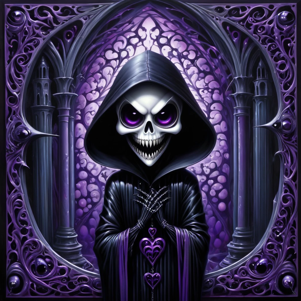 Gothic punk style , grandeur. abstract pattern on obsidian glass in which hearts eyes eyes fangs and smiles are subconsciously guessed , depth perception , perspective distortion , references to Rob Gonsalves and Roby Dwi Antono , masterpiece , octane rendering , Black Grim Reaper , purple highlights. overdetailization