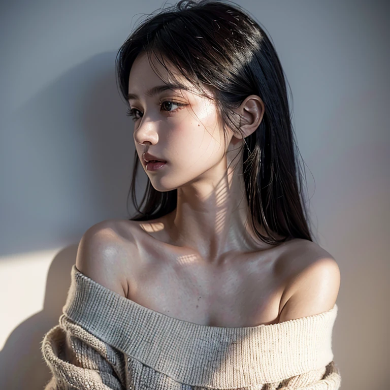 best quality, masterpiece, Ultra-high resolution, (Reality:1.4), original photo, 1 Girl, Off-shoulder, in the darkness, Deep Shadows, Low profile, Cold Light, Delicate skin