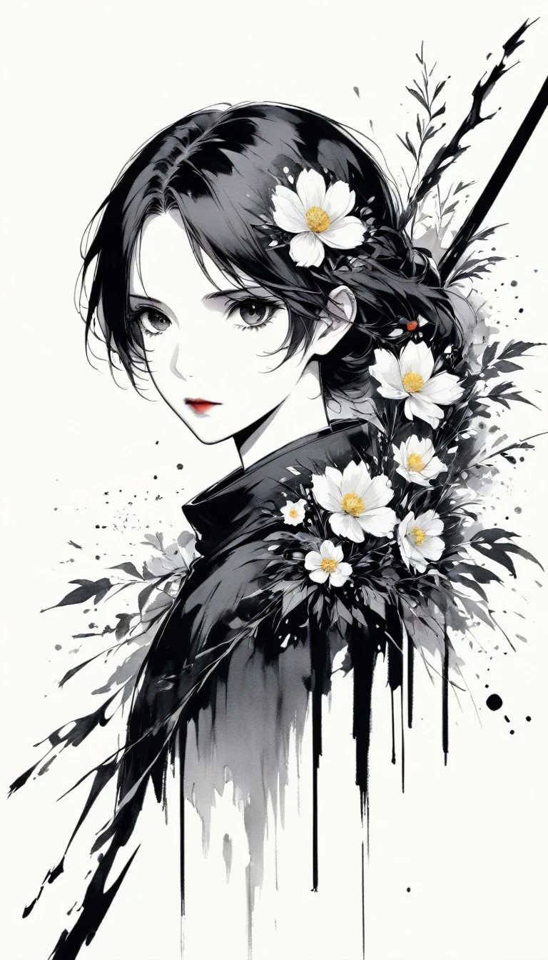 (Anime line drawing:1.5)，(Black and White:1.45)，Minimalism，(Line Art:1.6)，sketch，charcoal drawing，Black Reaper，flower，Ominous Red，Blood splatter