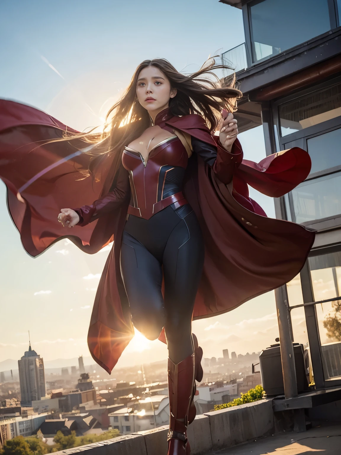 (masterpiece), (best quality), Elizabeth Olsen as Scarlett Witch. Long brown hair. Cybersuit uniform. Floating in mid air. Outdoor, sunlight, sun flare, sunlight behind her. full body shot. City background. Perfect proportions.