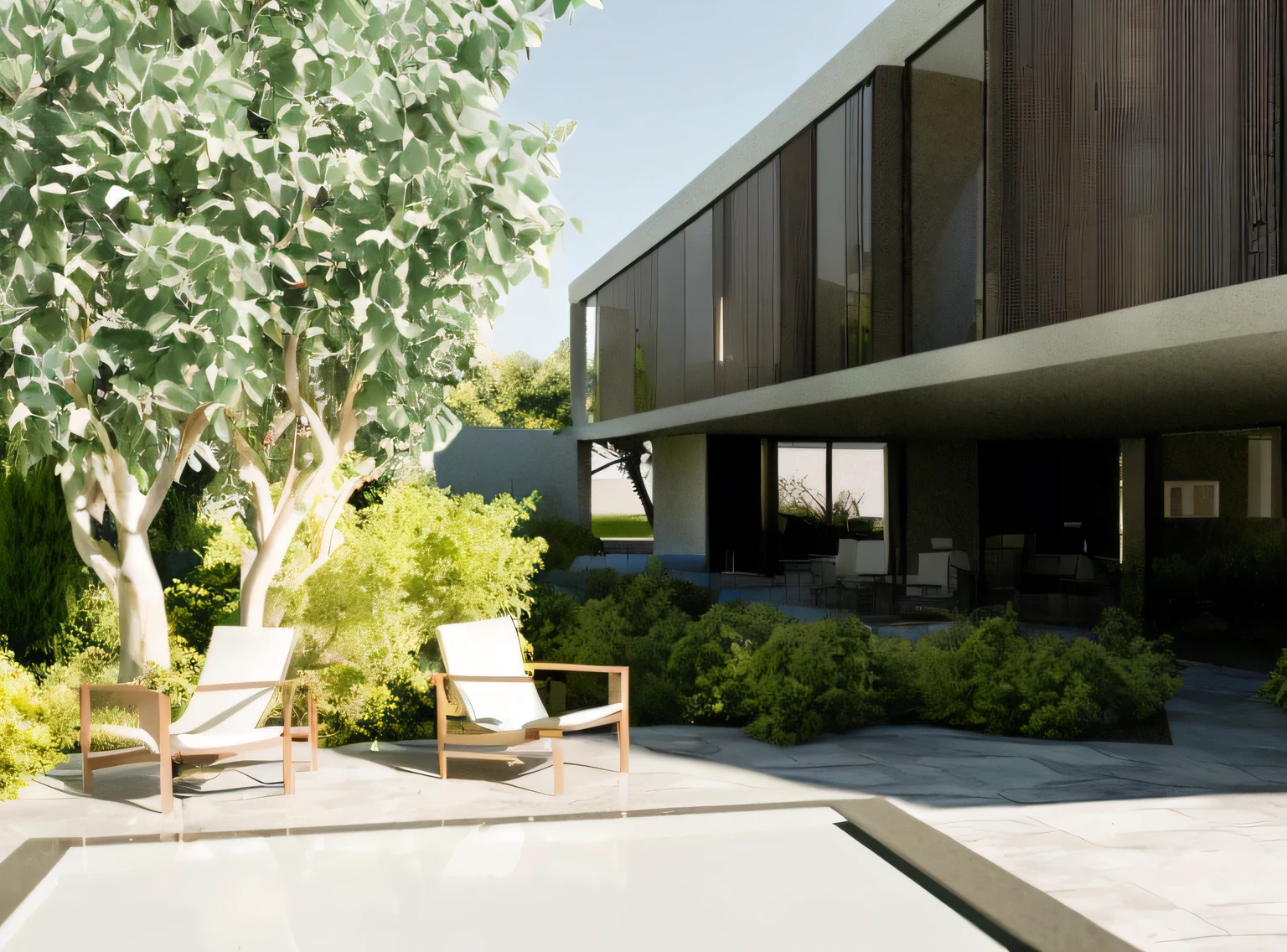there are two chairs sitting in the middle of a patio, architectural visualization, architectural rendering, luminous rendering, casa conceito, luminous renderinging, architectural rendering, architectural visualization, award-winning rendering, archiving, professional rendering, architecture visualisation, natural realistic rendering, Photorealistic rendering, detailed archiving render, renderizar em vray, architectural 3d rendering