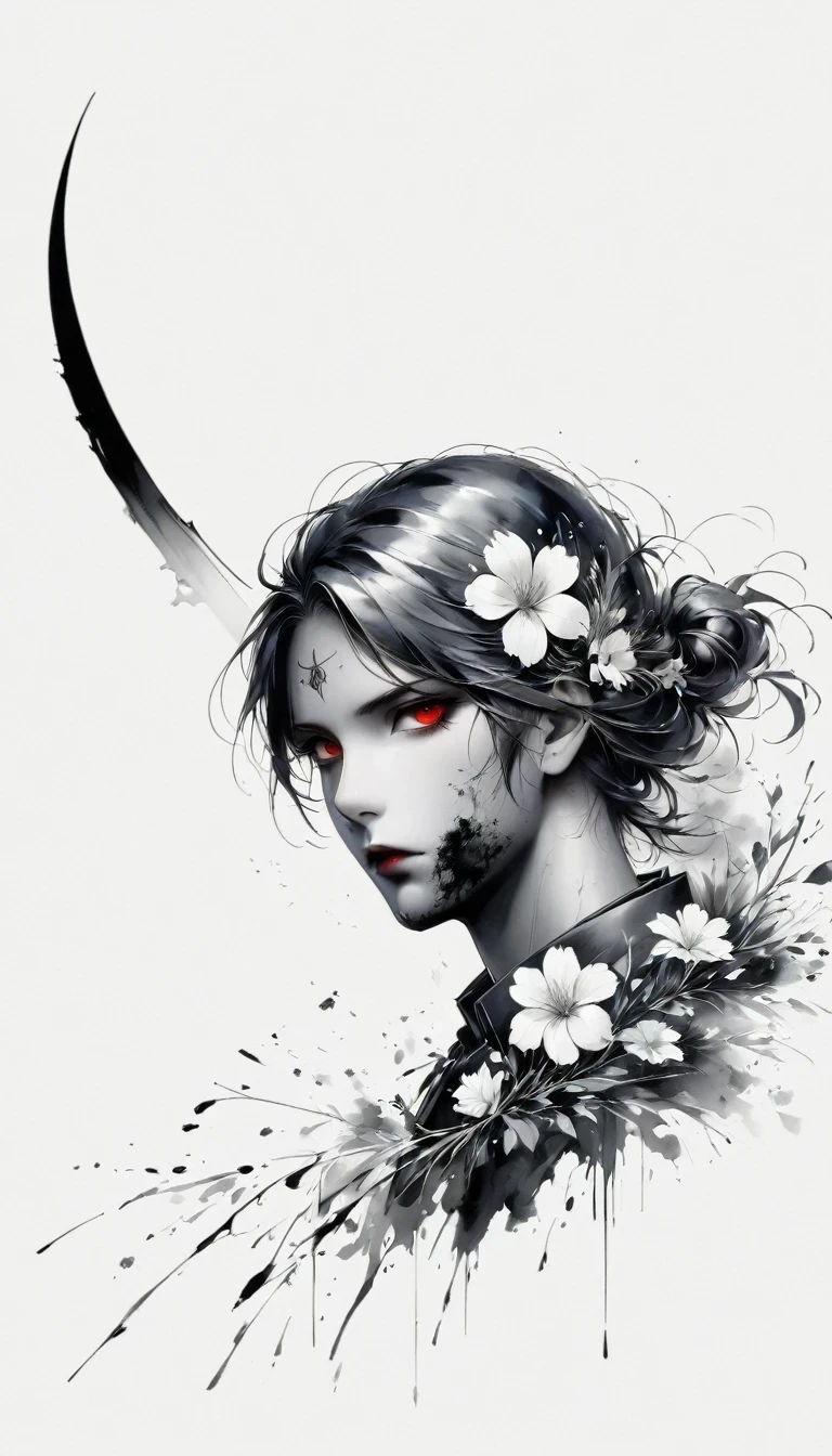 (Anime line drawing:1.5),(Black and White:1.45),Minimalism,(Line Art:1.6),sketch,charcoal drawing,Black Reaper,flower,Ominous Red,Blood splatter