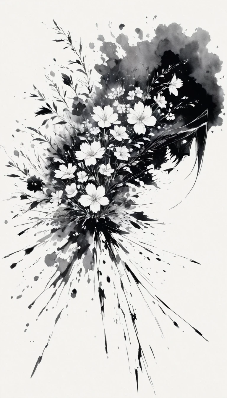 (Anime line drawing:1.5)，(Black and White:1.45)，Minimalism，(Line Art:1.6)，sketch，charcoal drawing，Black Reaper，flower，Ominous Red，Blood splatter