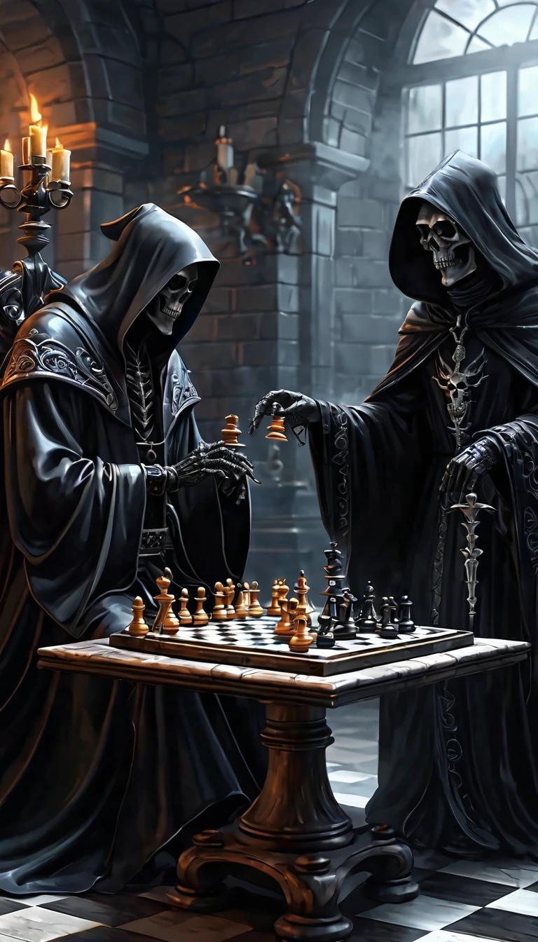 black grim reaper plays chess with an angel, realistic digital painting, absurde, detailed, 8k, 