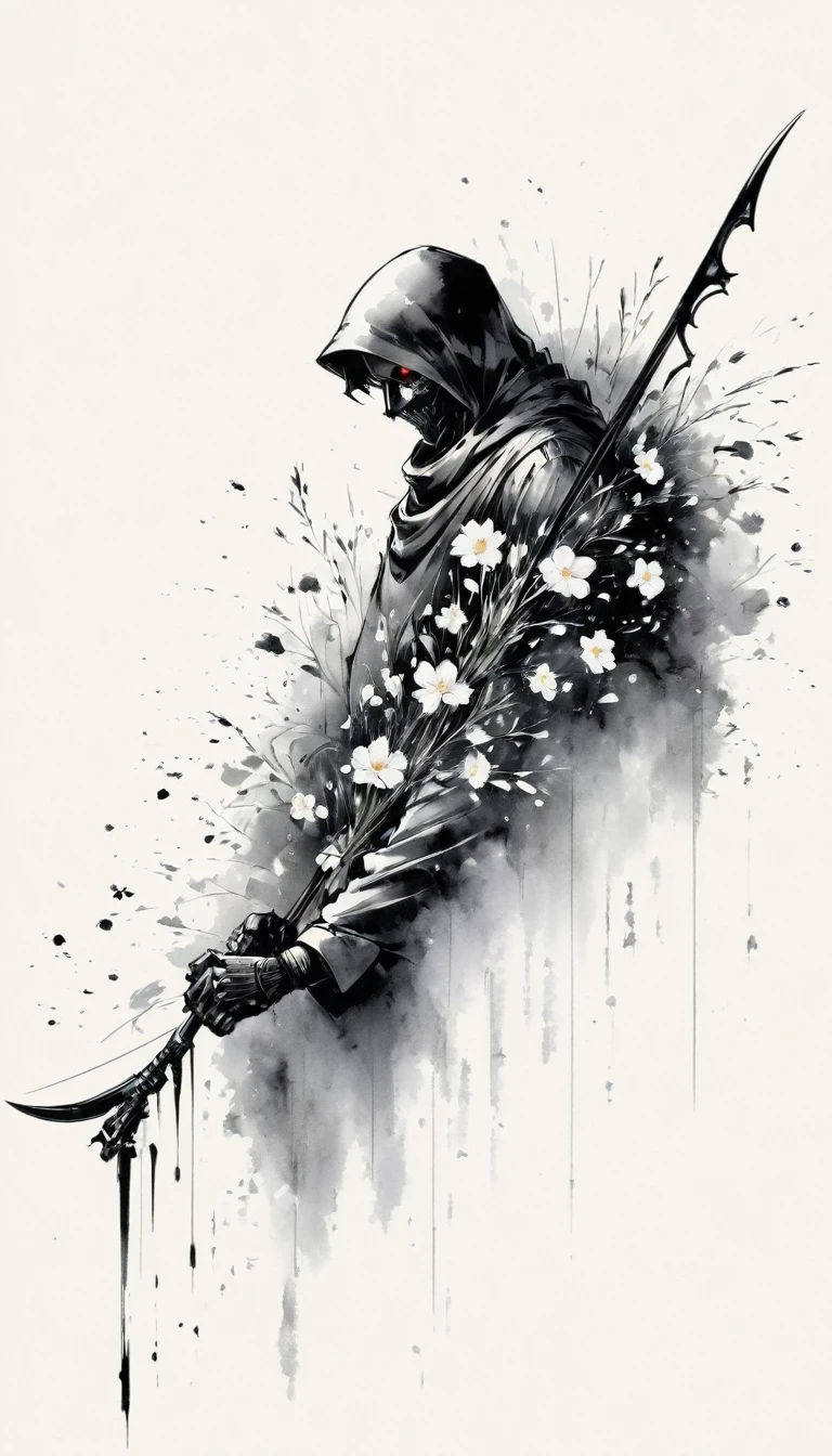 (Anime line drawing:1.5),(Black and White:1.45),Minimalism,(Line Art:1.6),sketch,charcoal drawing,Black Reaper,flower,Ominous Red,Blood splatter