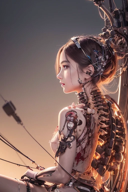 (masterpiece, highest quality, highest quality, official art, beautiful and aesthetic:1.2), (1 girl:1.3), very detailed,colorful,most detailed ((super detailed)), (Detailed CG illustration), ((very delicate and beautiful)),(From the side),cinematic light,((1 mechanical girl)),alone,whole body,(machine made joint:1.2),((mechanical limbs)),(Blood vessels connected to tubes),(mechanical spine attached to the back),((Mechanical cervical vertebrae attached to the neck)),(sitting),Expressionless,(wires and cables connected to the neck:1.2),(Wires and cables on the head:1.2)(character focus),SF,white background,(Blood:1.5)