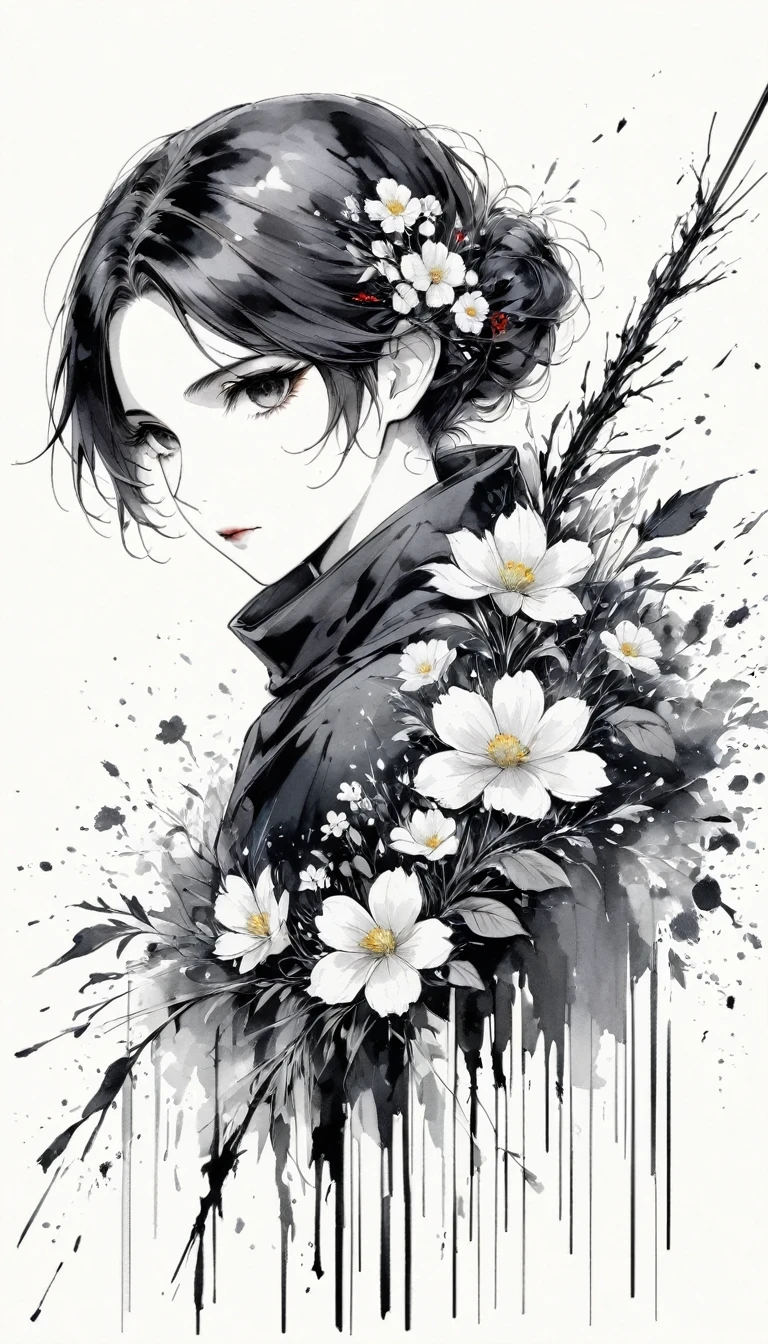 (Anime line drawing:1.5),(Black and White:1.45),Minimalism,(Line Art:1.6),sketch,charcoal drawing,Black Reaper,flower,Ominous Red,Blood splatter