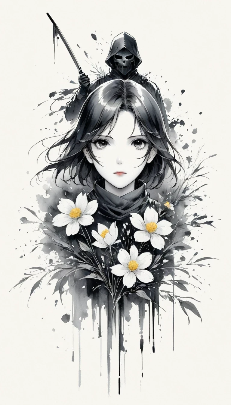(Anime line drawing:1.5),(Black and White:1.45),Minimalism,(Line Art:1.6),sketch,charcoal drawing,Black Reaper,flower,Ominous Red,Blood splatter