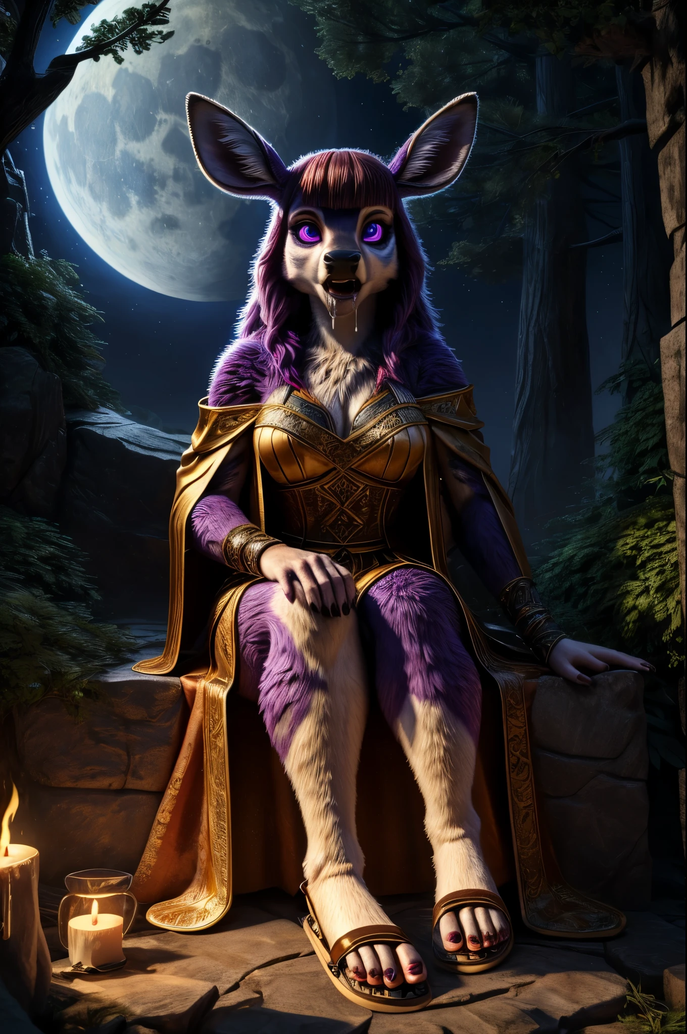 (((SFW))), (((Barefoot furry character, full body, cinematic setting, furry female, plantigrade, wears sandals))), (((glow in eyes, open mouth, drooling, deeply hypnotised))), graceful and enigmatic ((deer)) anthro with deep ((purple fur)) and captivating ((violet eyes)). Dressed in flowing, dark robes with belladonna flower motifs. The figure sits in a moonlit forest surrounded by eerie nightshade plants, with ripe berries and ethereal moonlight casting shadows. The atmosphere evokes mystery and danger. BREAK, detailed background, 8K, (masterpiece:1.5), intricate details, highly detailed, extreme detail, octane render, fine art, best quality, highres, (detailed face:1.5), ((full_body)), UHD, (((perfect hands))), low light