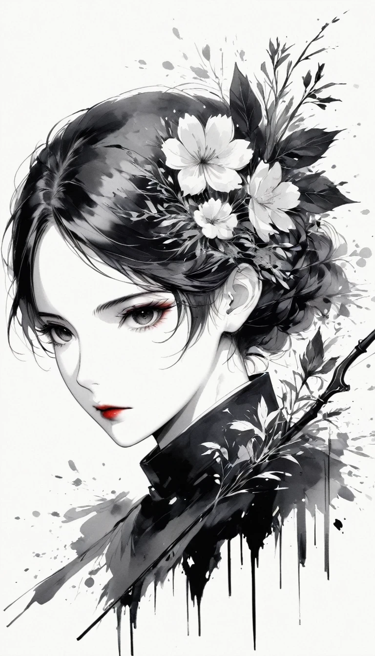 (Anime line drawing:1.5),(Black and White:1.45),Minimalism,(Line Art:1.6),sketch,charcoal drawing,Black Reaper,flower,Ominous Red,Blood splatter