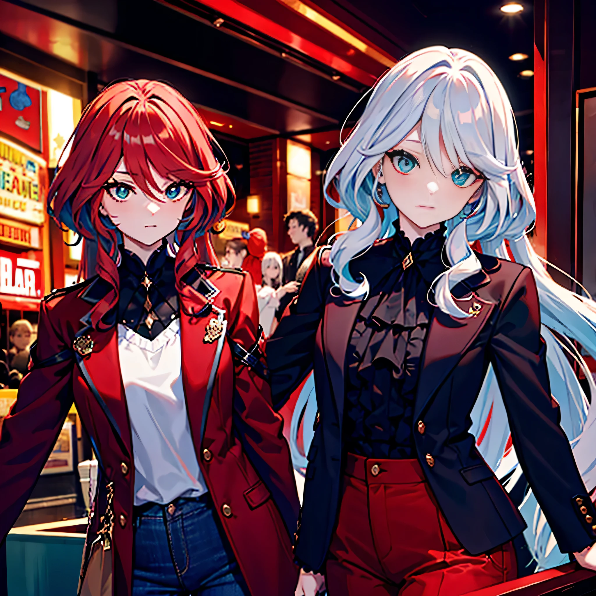 (two persons) Furina. Red-haired woman with green eyes, long hair, a black blouse, a red jacket, and dark tight pants. watching the theater