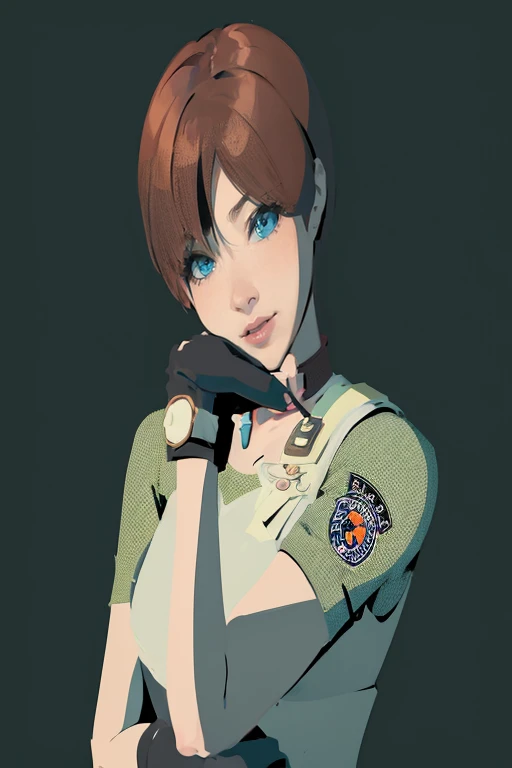 Girl, Brown hair, short hair, blue eyes, black gloves