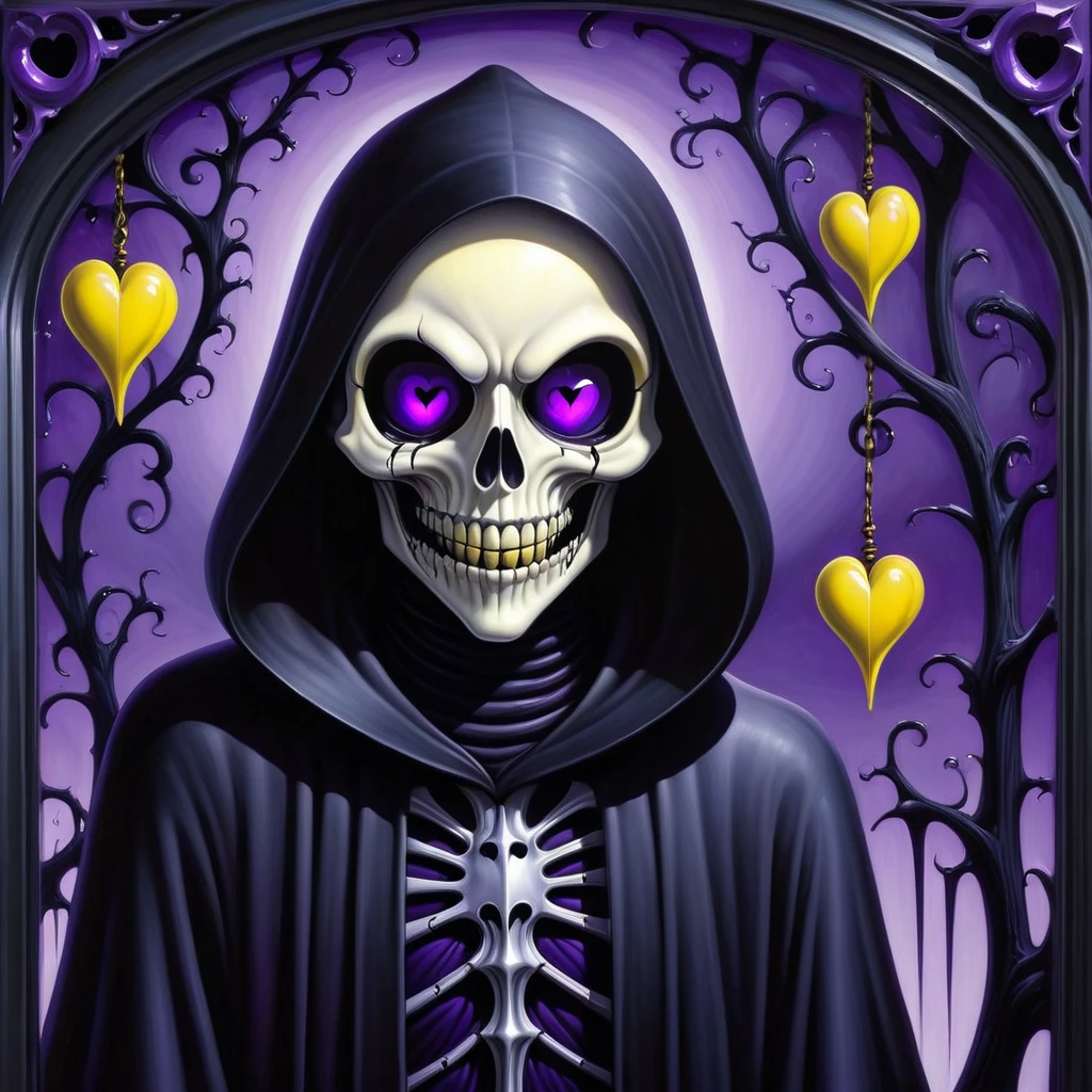 Gothic punk style , grandeur. abstract pattern on obsidian glass in which hearts eyes eyes fangs and smiles are subconsciously guessed , depth perception , perspective distortion , references to Rob Gonsalves and Roby Dwi Antono , masterpiece , octane rendering , Black Grim Reaper , purple yellow shadows. overdetailization