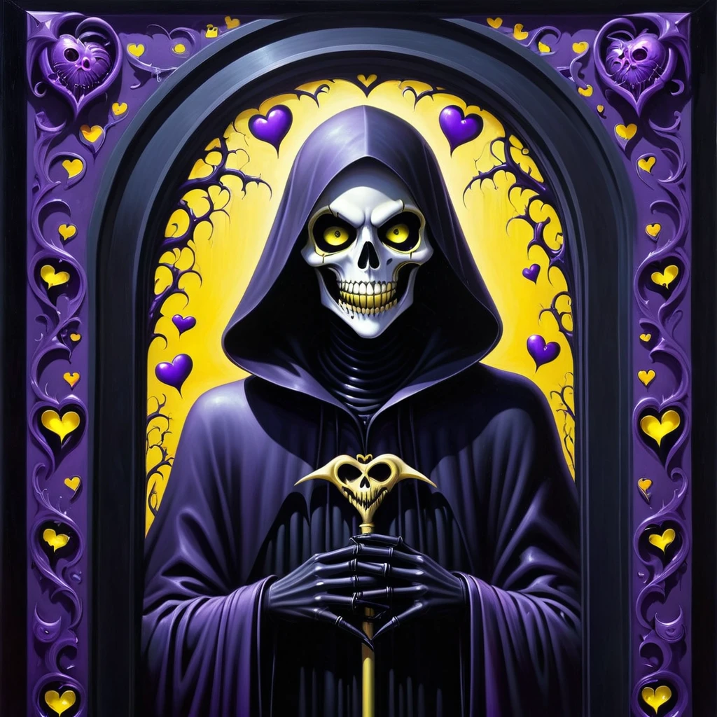 Gothic punk style , grandeur. abstract pattern on obsidian glass in which hearts eyes eyes fangs and smiles are subconsciously guessed , depth perception , perspective distortion , references to Rob Gonsalves and Roby Dwi Antono , masterpiece , octane rendering , Black Grim Reaper , purple yellow shadows. overdetailization