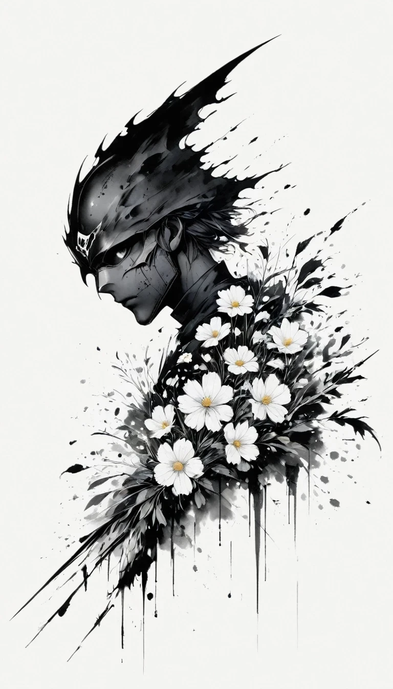 (Anime line drawing:1.5)，(Black and White:1.45)，Minimalism，(Line Art:1.6)，sketch，charcoal drawing，Black Reaper，flower，Ominous Red，Blood splatter