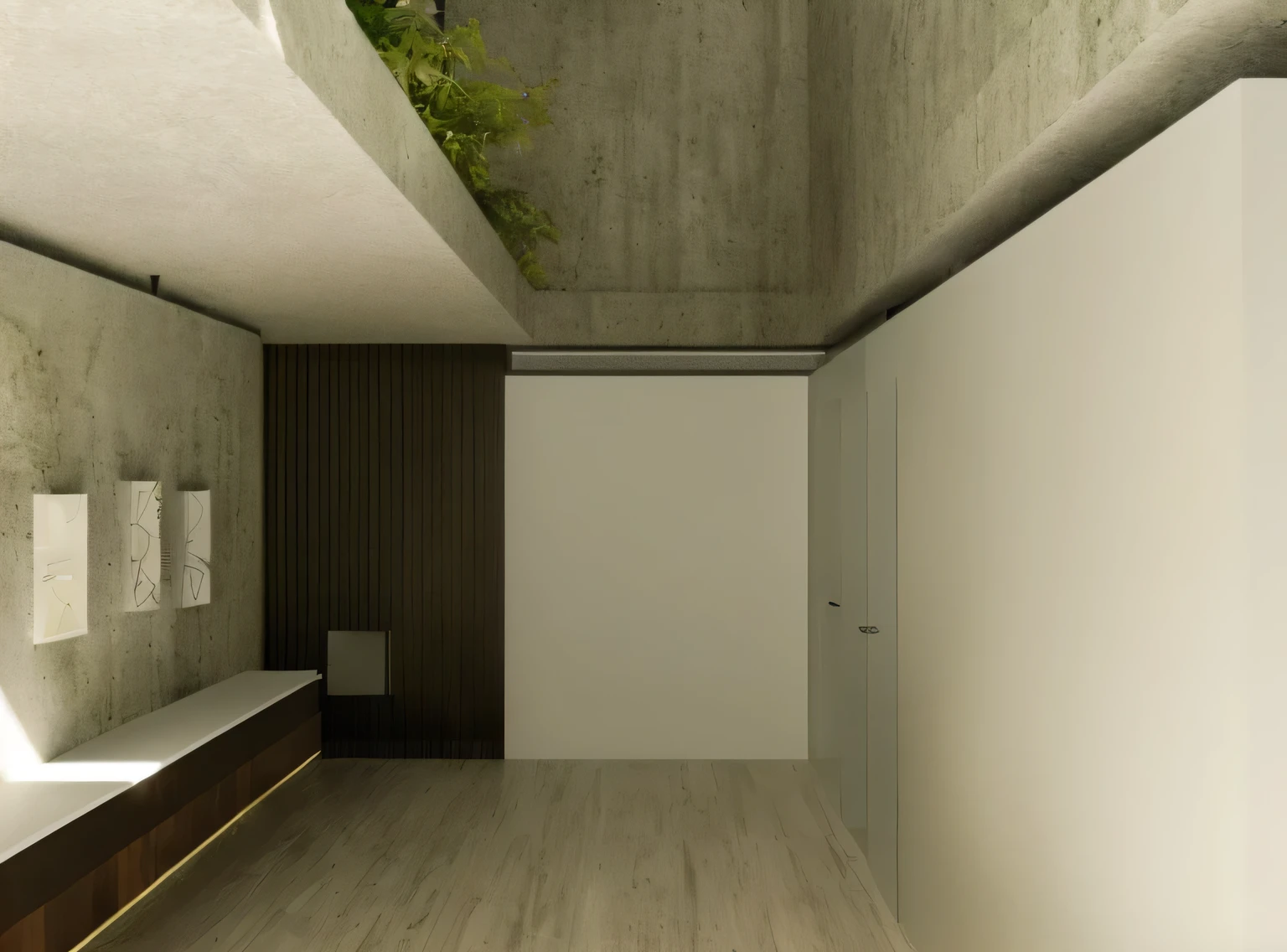 there is a room with a bench and a plant, casa conceito, Final 3D rendering, Final 3D rendering, renderizar 3d, landscape rendering, detail rendering, architectural rendering, renderizar vray, interior de alta tecnologia em concreto, 3D rendering, 3D rendering, renderizado em enscape, architectural rendering, architectural visualization, interior da casa, 3 drenos
