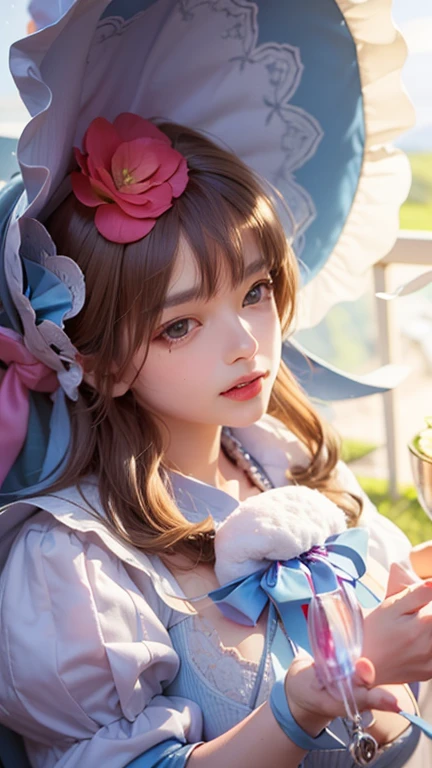highest quality,4K,8k,High resolution,masterpiece:1.2,Super detailed,Realistic:1.37,landscape,Portraiture,Professional,Sharp focus,Vibrant colors,High resolution,Physically Based Rendering,Bokeh,Studio Lighting,Very detailed explanation,Realistic digital painting,Aurora,Snow Capped Mountain々,Crystal clear lake,swaying pine tree,Serene atmosphere,Majestic Beauty,sunlight pouring through the clouds,Subtle color changes,Delicate brushwork,dramatic depth of field,Quiet Solitude,Harmonious color palette,Mysterious glow,Meticulous attention to detail,captivated the audience,Nice views,Impeccable level of realism,awe-inspiring landscape,Tranquility drawn with every stroke,(Big D breasts and exposed cleavage: 1.6),Mischievous Smile,Red lips,Bright yellow eyes,